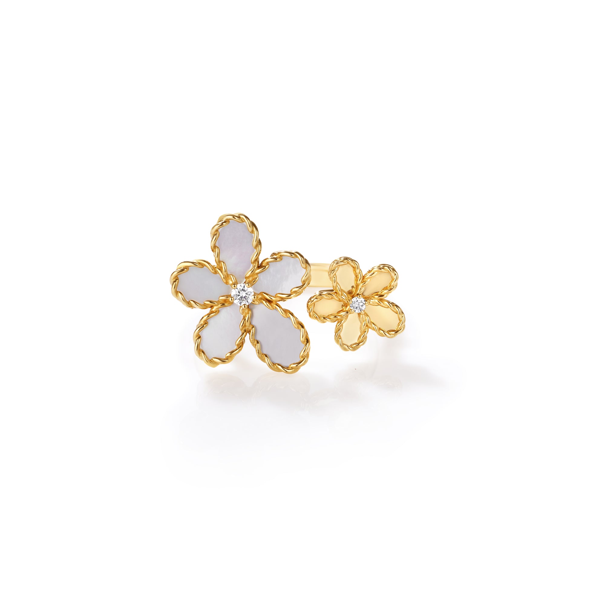 18K YELLOW GOLD JASMINE DIAMOND & MOTHER OF PEARL DOUBLE FLOWER RING