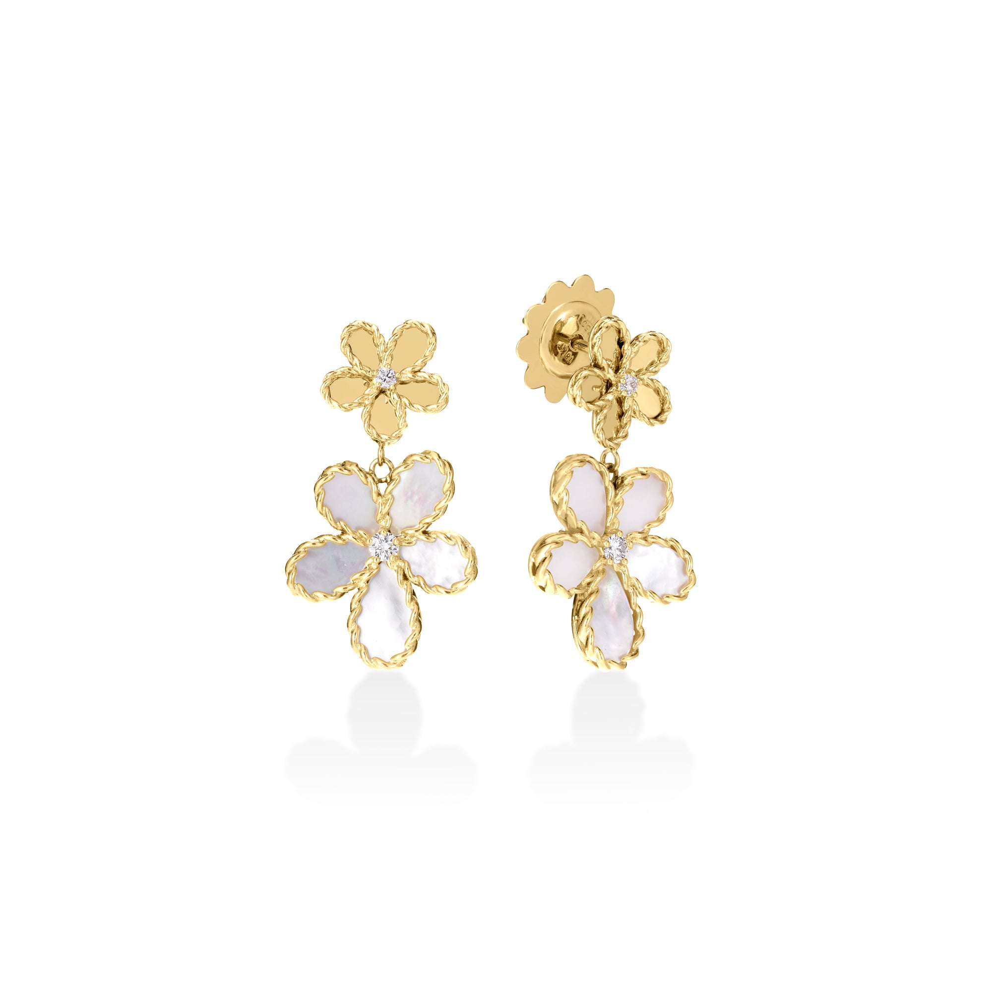 18K YELLOW GOLD JASMINE DIAMOND & MOTHER OF PEARL DOUBLE FLOWER DANGLE EARRINGS
