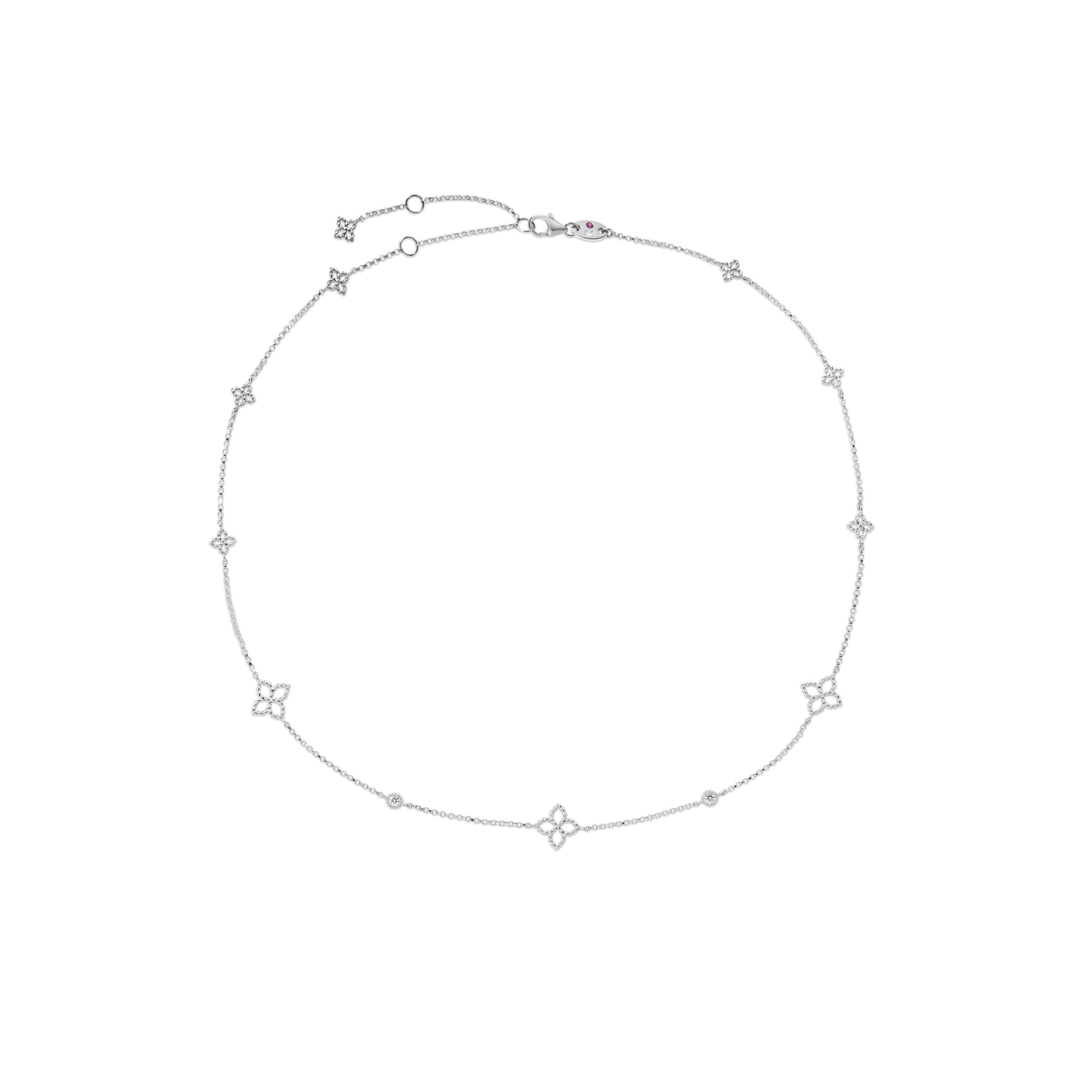 18K WHITE GOLD PRINCESS FLOWER DIAMOND & FLOWER STATION NECKLACE