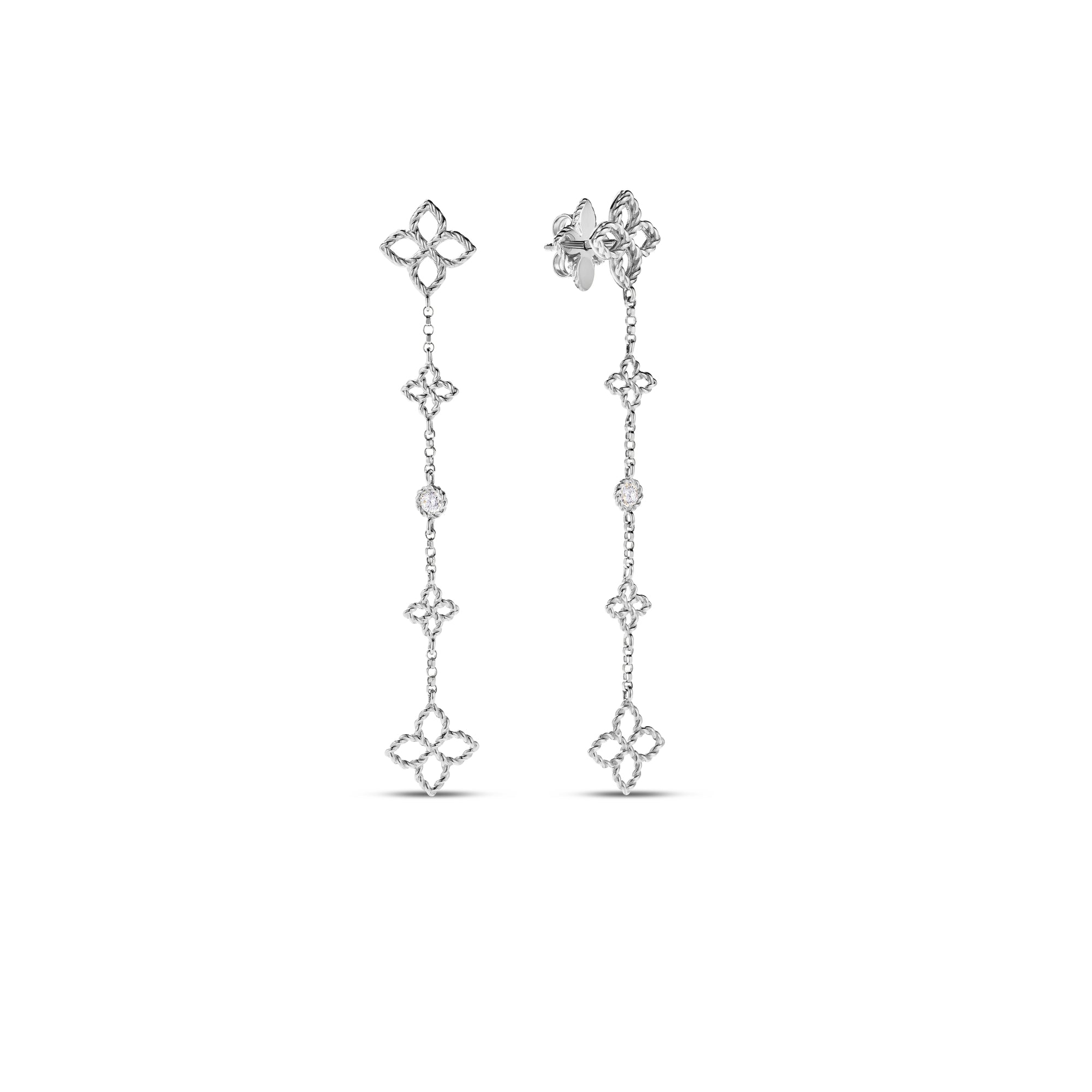 18K WHITE GOLD PRINCESS FLOWER DIAMOND & FLOWER STATION DANGLE EARRINGS