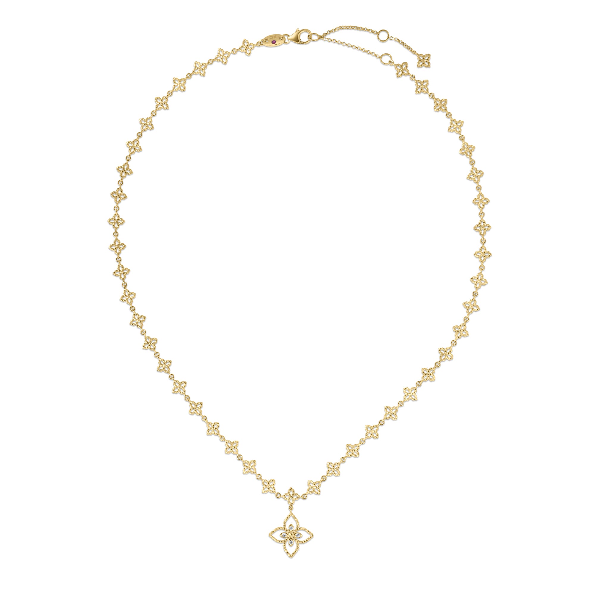 18K YELLOW GOLD PRINCESS FLOWER CHAIN & DIAMOND FLOWER PENDANT NECKLACE
