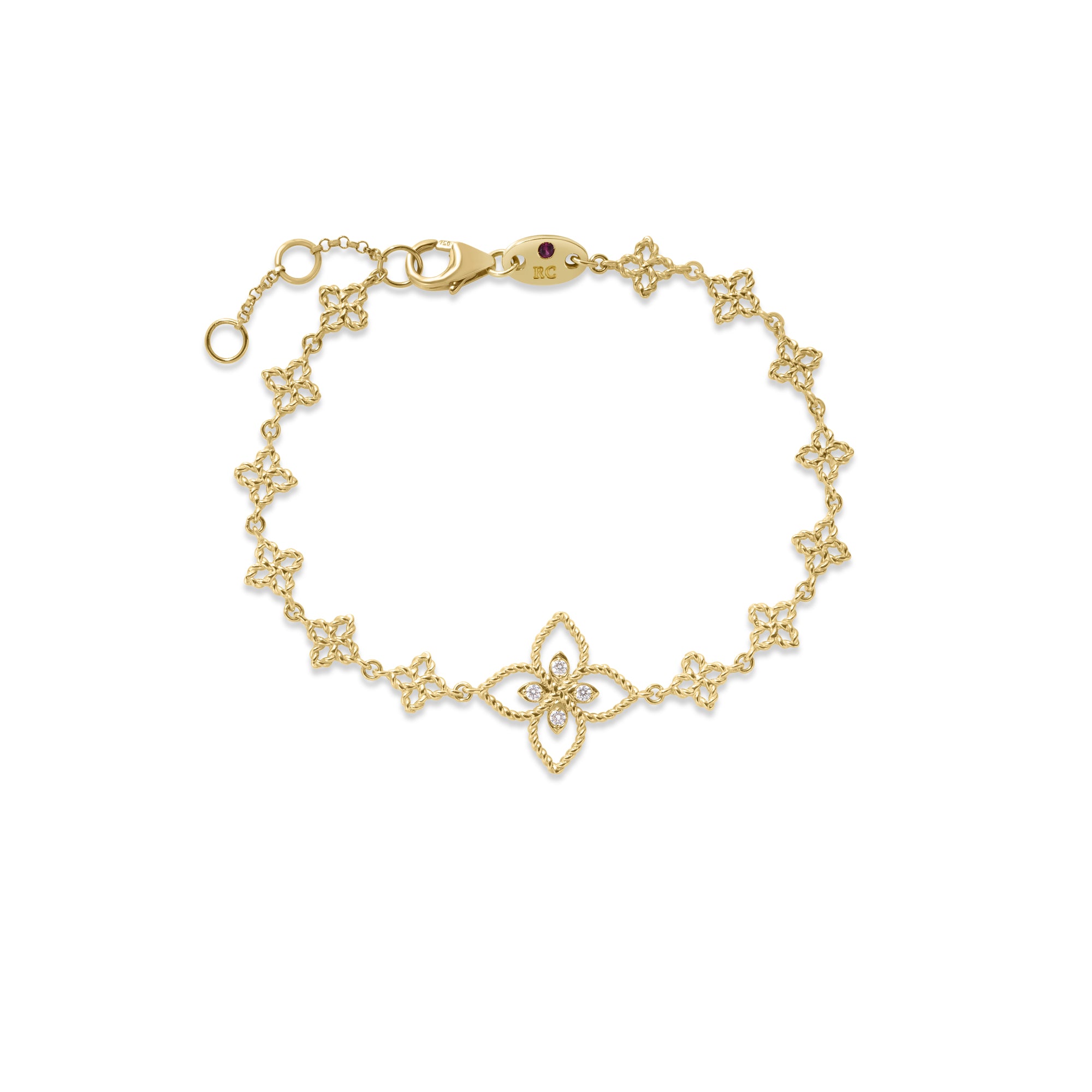 18K YELLOW GOLD PRINCESS FLOWER CHAIN & DIAMOND FLOWER CHARM BRACELET