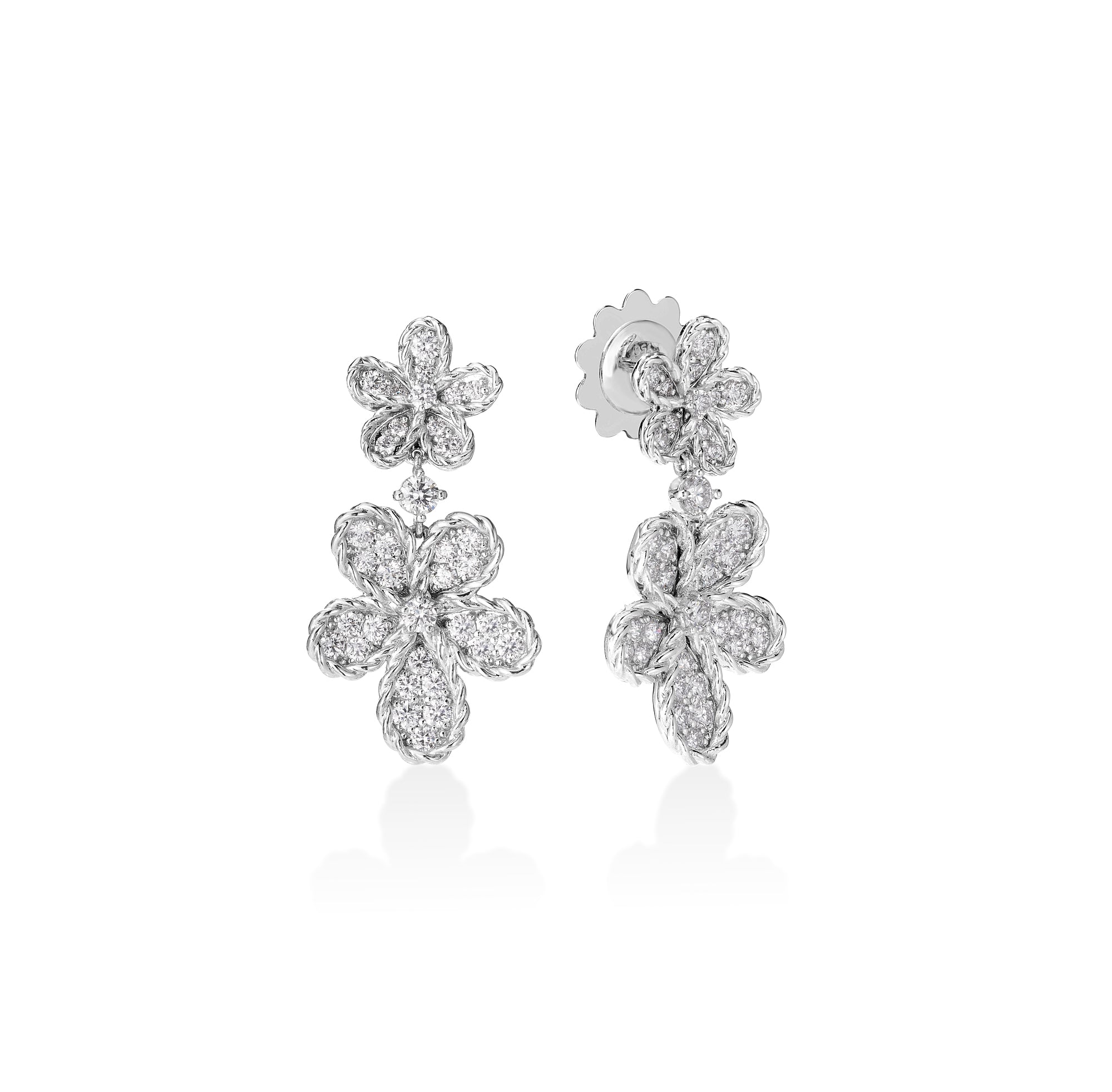 18K WHITE GOLD JASMINE DOUBLE PAVE DIAMOND FLOWER DANGLE EARRINGS