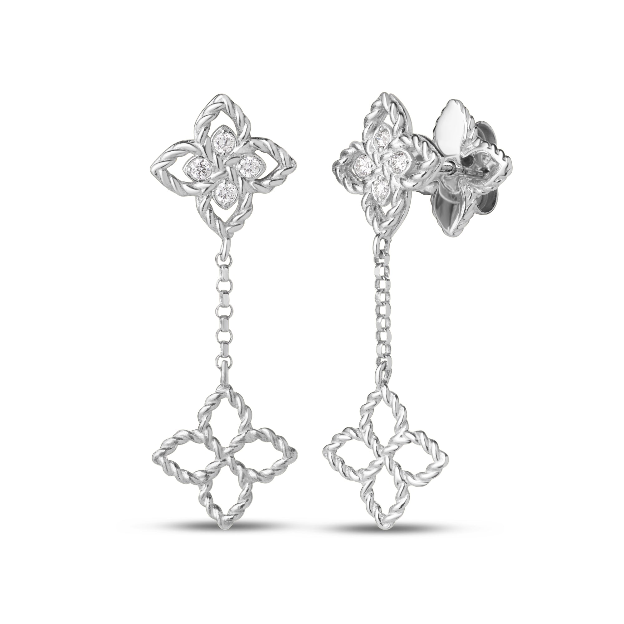 18K WHITE GOLD PRINCESS FLOWER TINY DIAMOND FLOWER DANGLE EARRINGS
