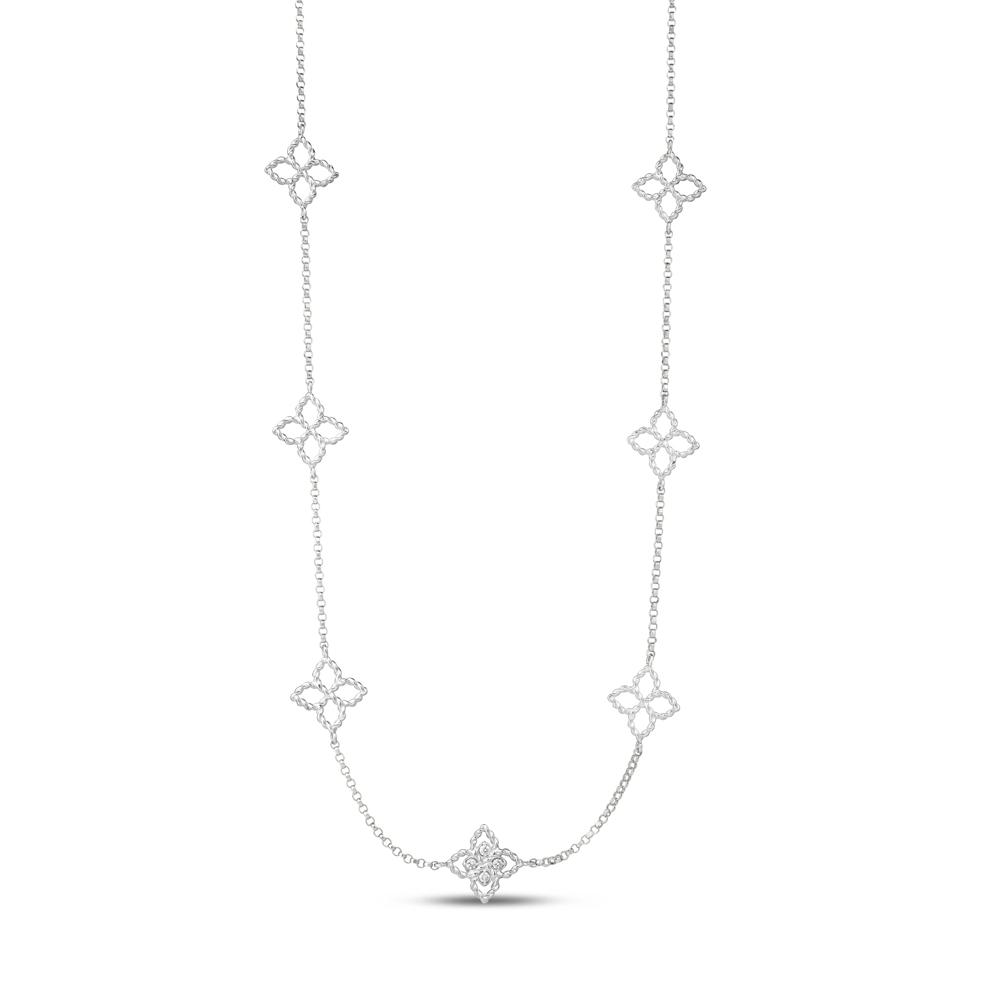 18K WHITE GOLD PRINCESS FLOWER STATION NECKLACE
