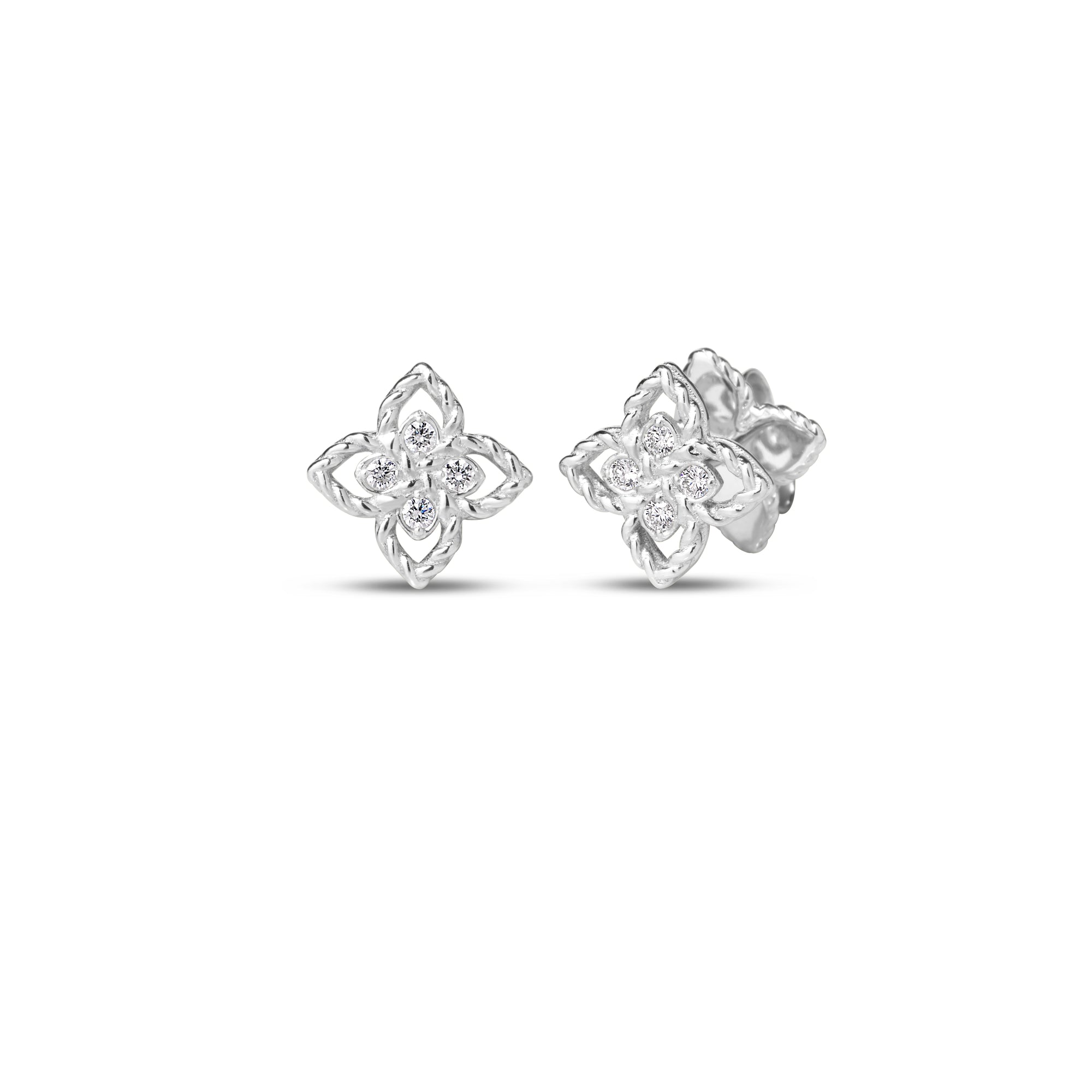 18K WHITE GOLD PRINCESS FLOWER MINI DIAMOND FLOWER STUD EARRINGS