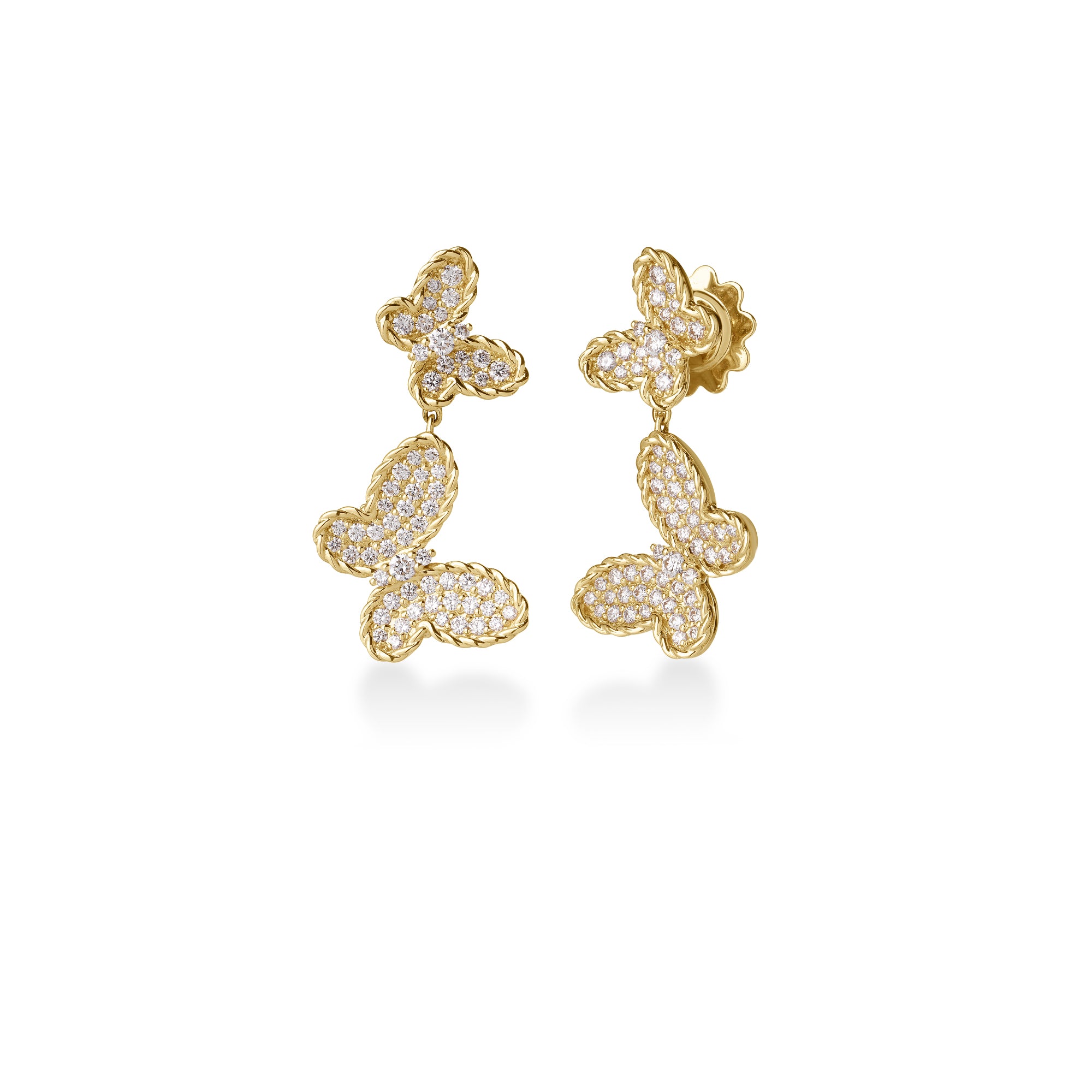 18K YELLOW GOLD JASMINE PAVE DIAMOND BUTTERFLY DANGLE EARRINGS