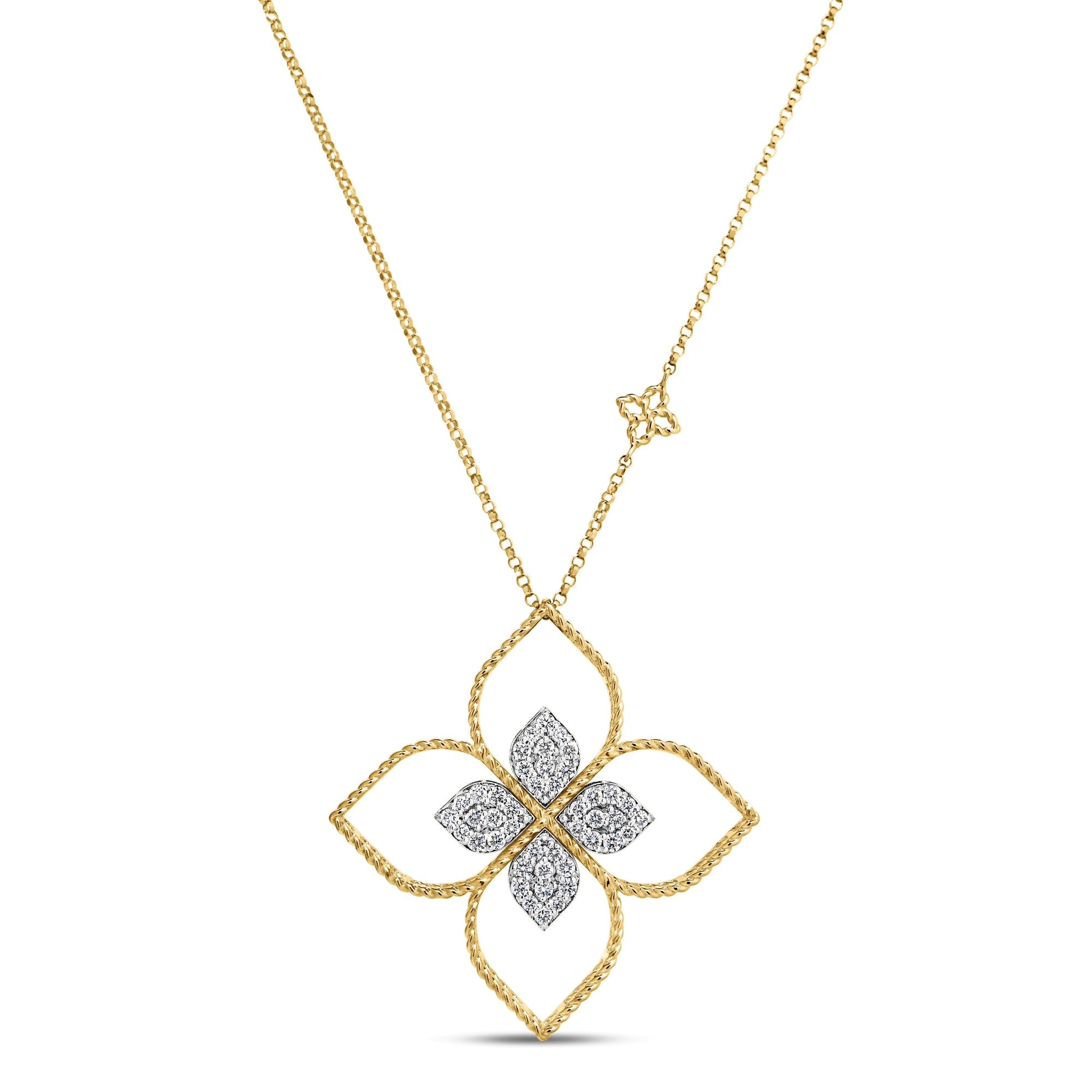 18K YELLOW/WHITE GOLD PRINCESS FLOWER LARGE OPEN FRAME PAVE DIAMOND NECKLACE