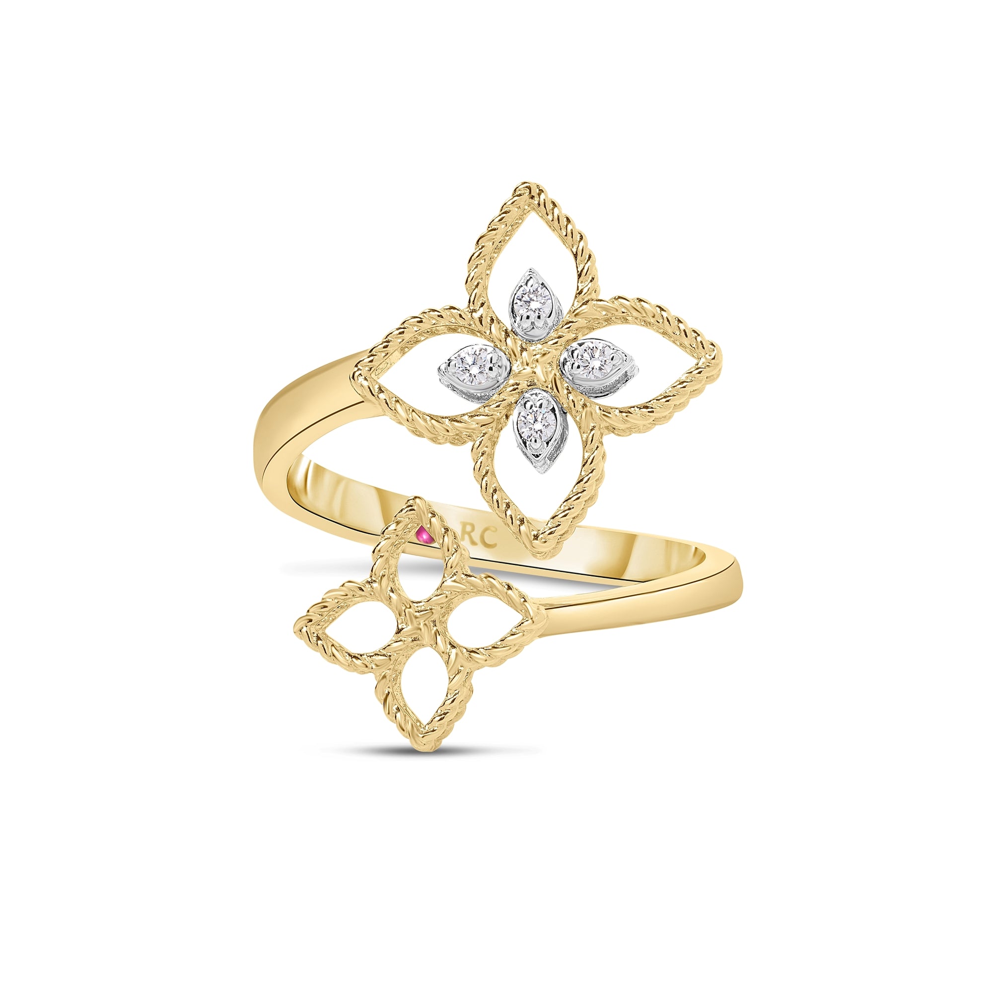 18K YELLOW/WHITE GOLD PRINCESS FLOWER OPEN FRAME DIAMOND BYPASS RING