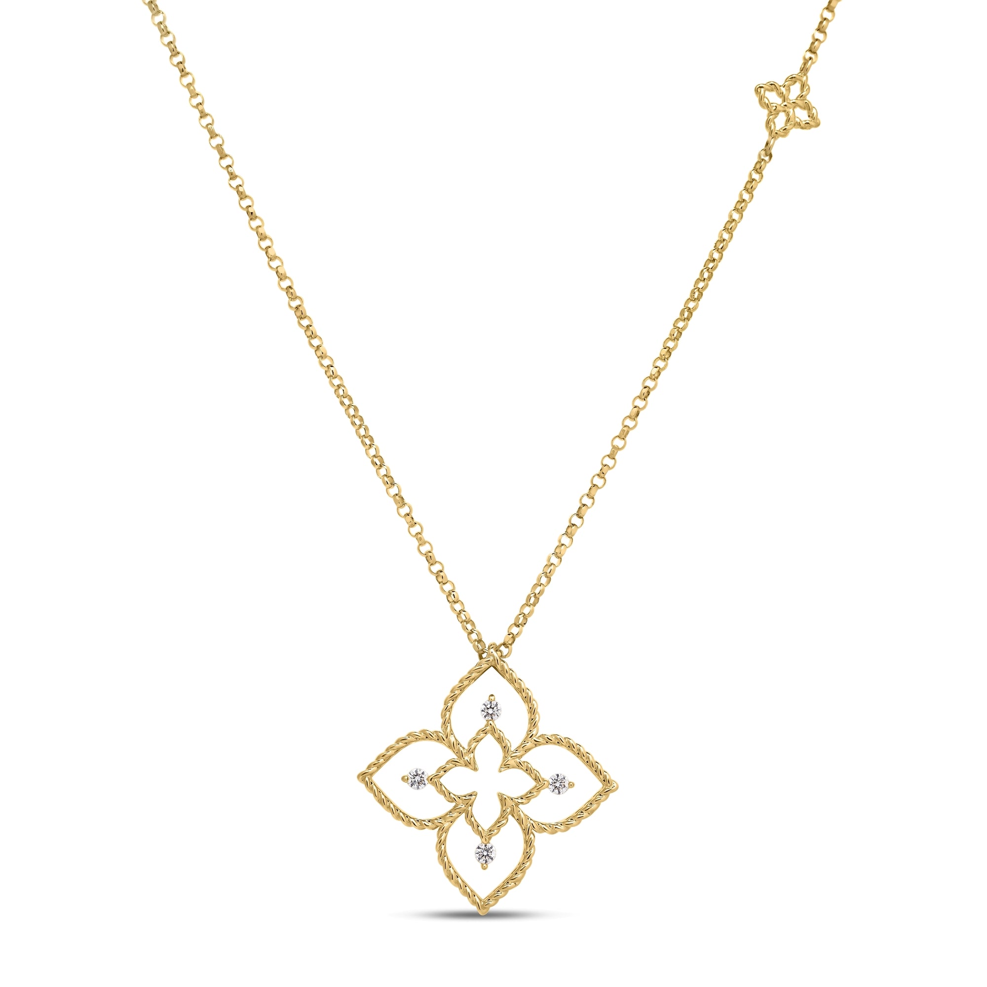 18K YELLOW/WHITE GOLD PRINCESS FLOWER SMALL OPEN FRAME DIAMOND NECKLACE