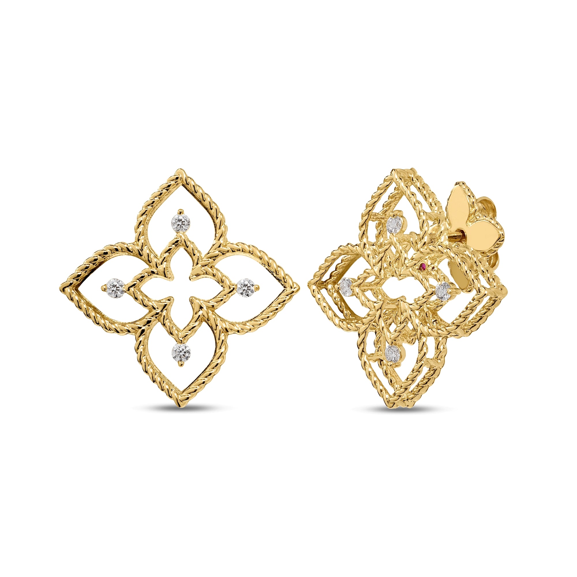 18K YELLOW/WHITE GOLD PRINCESS FLOWER SMALL OPEN FRAME DIAMOND STUD EARRINGS