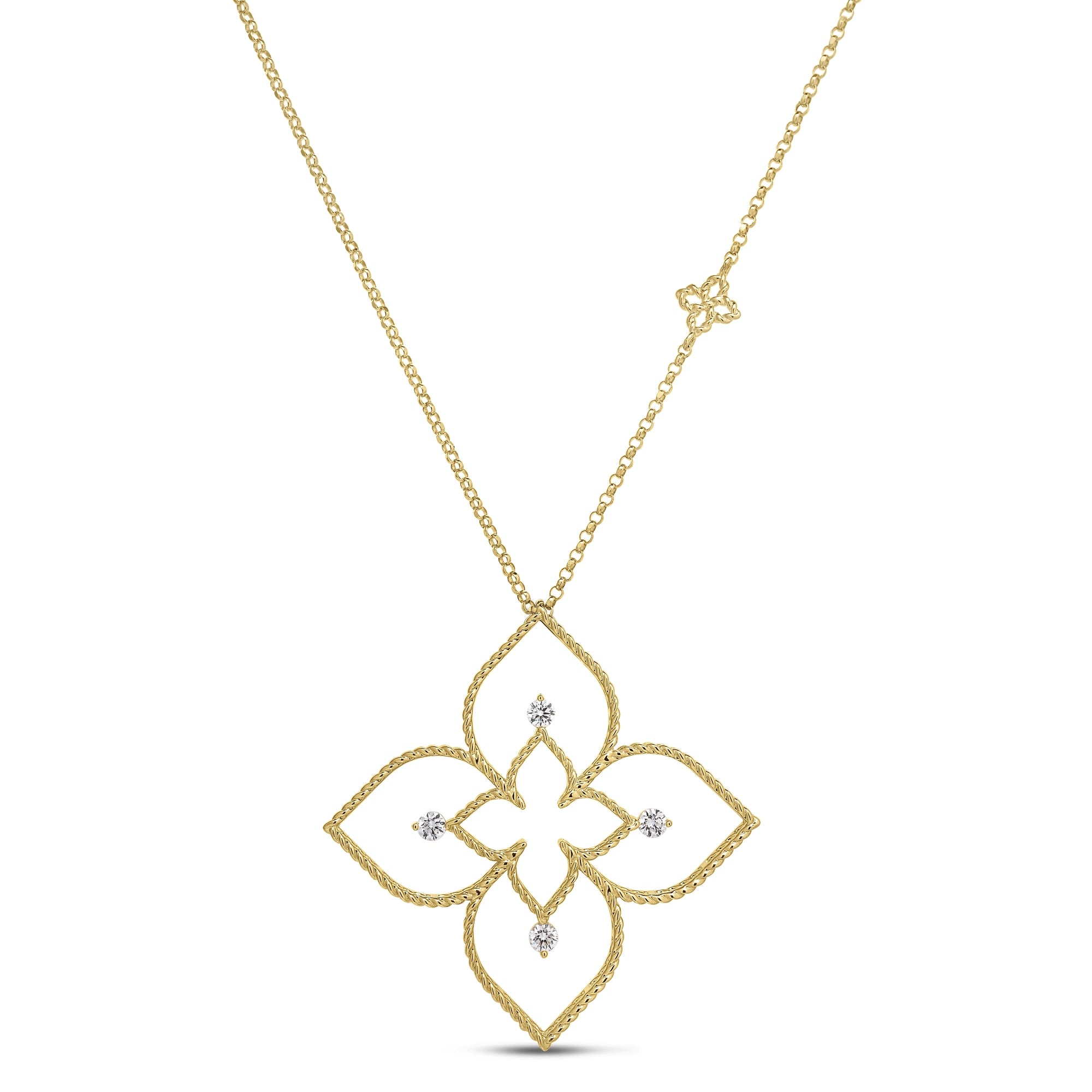 18K YELLOW/WHITE GOLD PRINCESS FLOWER LARGE OPEN FRAME DIAMOND NECKLACE