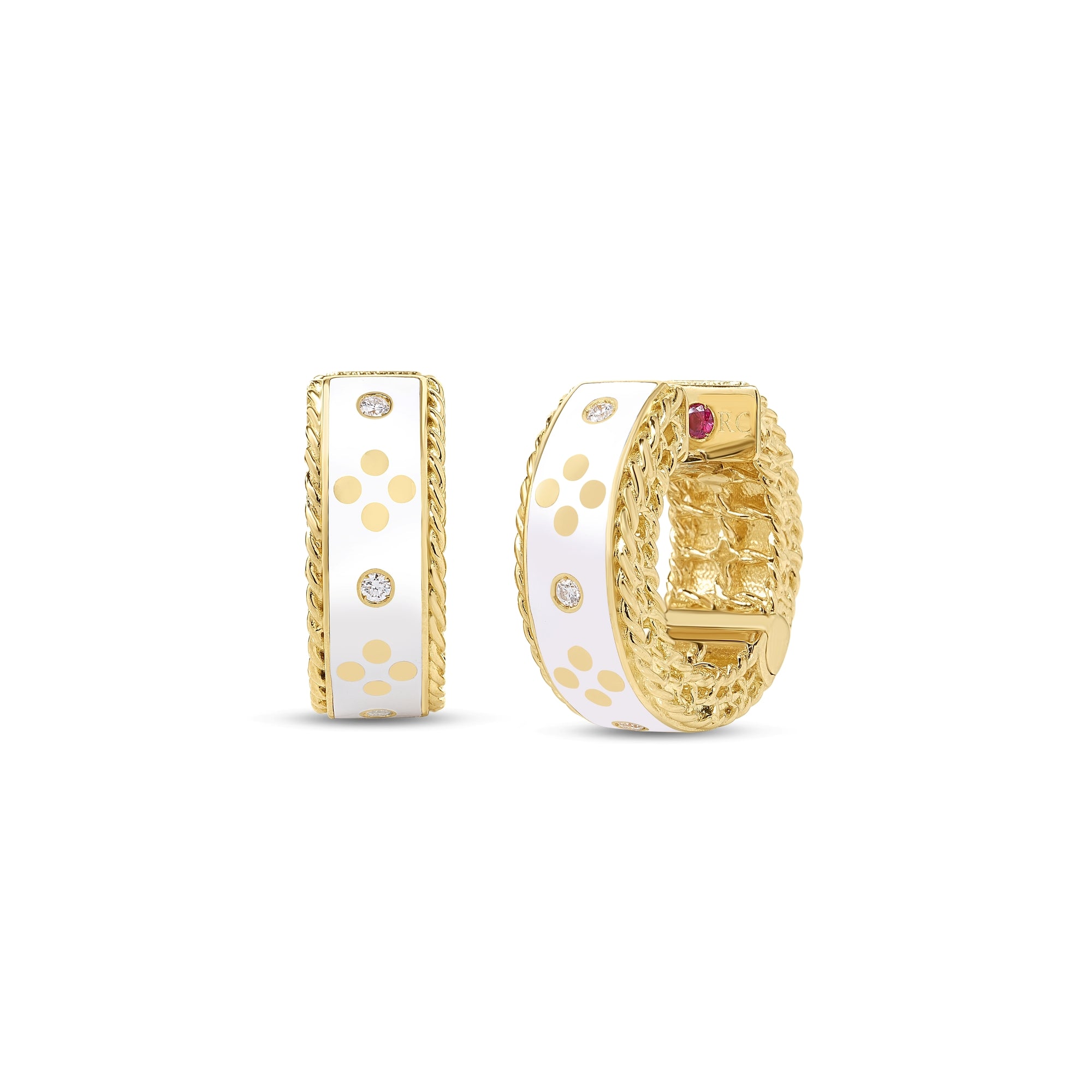 18K YELLOW GOLD VENETIAN PRINCESS DIAMOND AND WHITE ENAMEL HOOP EARRINGS