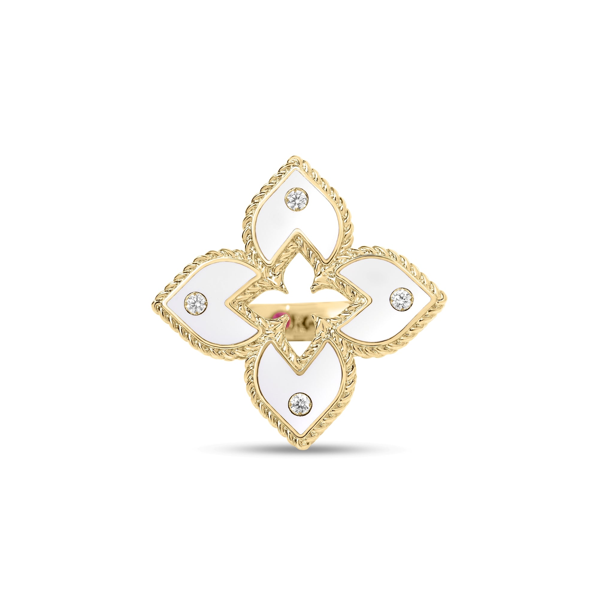 18K YELLOW GOLD VENETIAN PRINCESS DIAMOND AND WHITE ENAMEL FLOWER RING