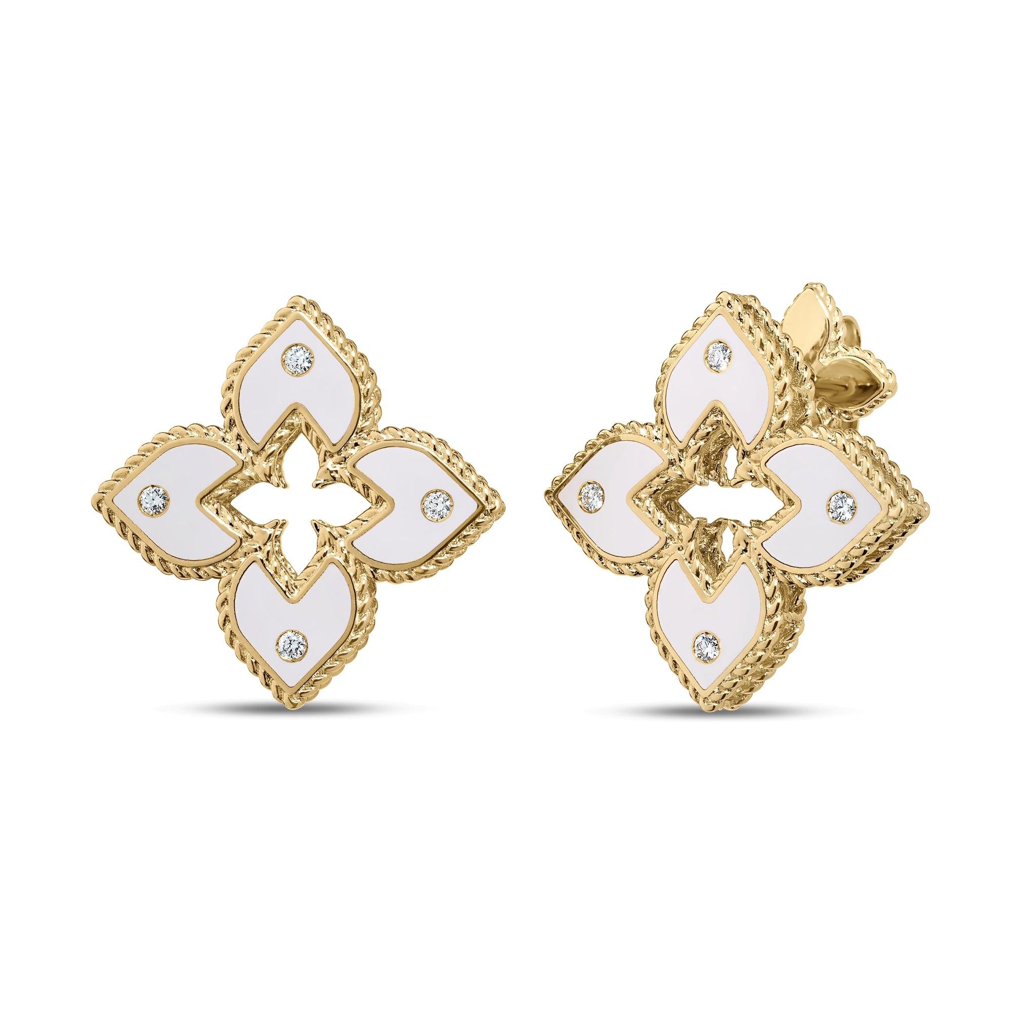 18K YELLOW GOLD VENETIAN PRINCESS DIAMOND AND WHITE ENAMEL FLOWER STUD EARRINGS