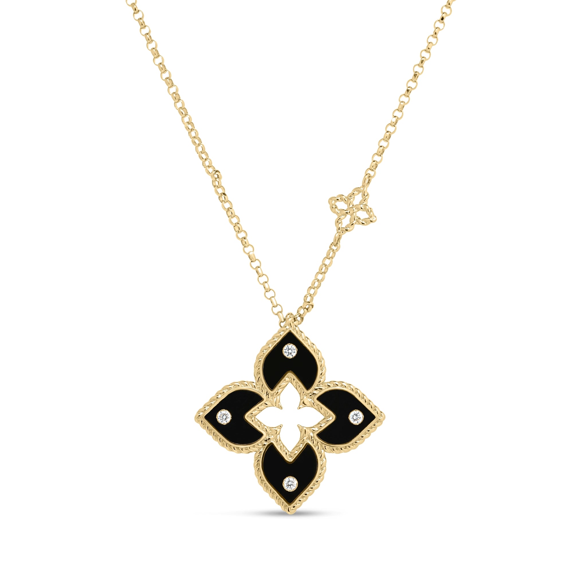 18K YELLOW GOLD VENETIAN PRINCESS DIAMOND AND BLACK ENAMEL FLOWER NECKLACE