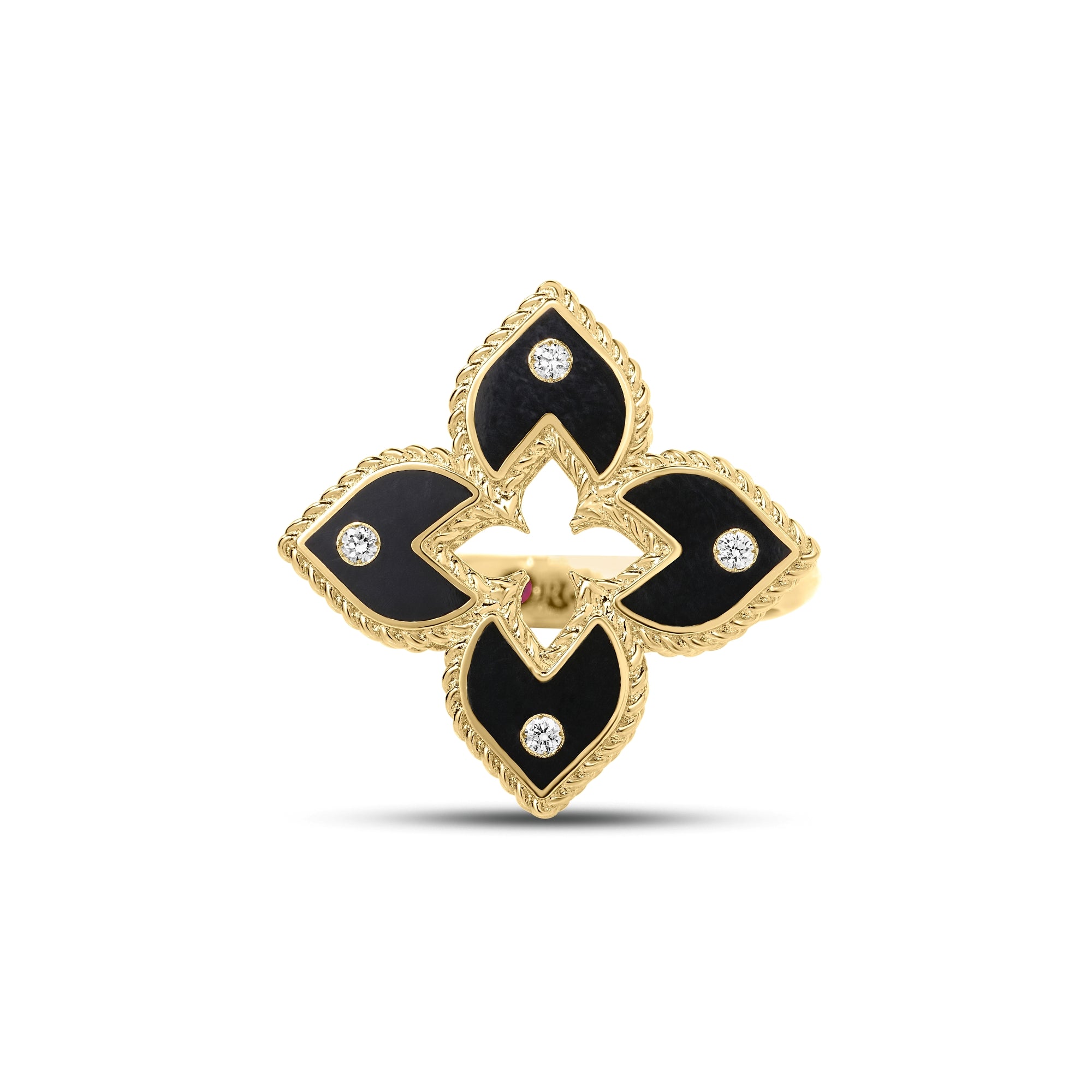 18K YELLOW GOLD VENETIAN PRINCESS DIAMOND AND BLACK ENAMEL FLOWER RING
