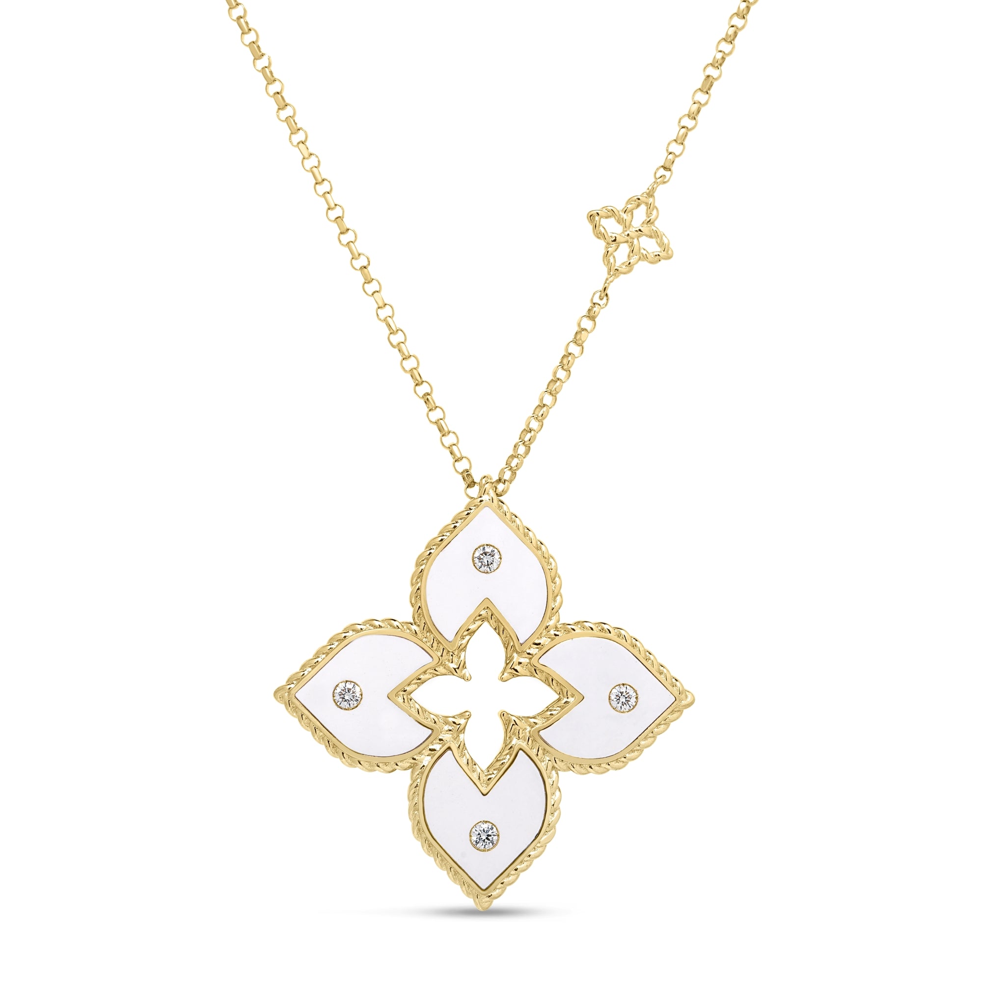 18K YELLOW GOLD VENETIAN PRINCESS DIAMOND AND WHITE ENAMEL LARGE FLOWER NECKLACE