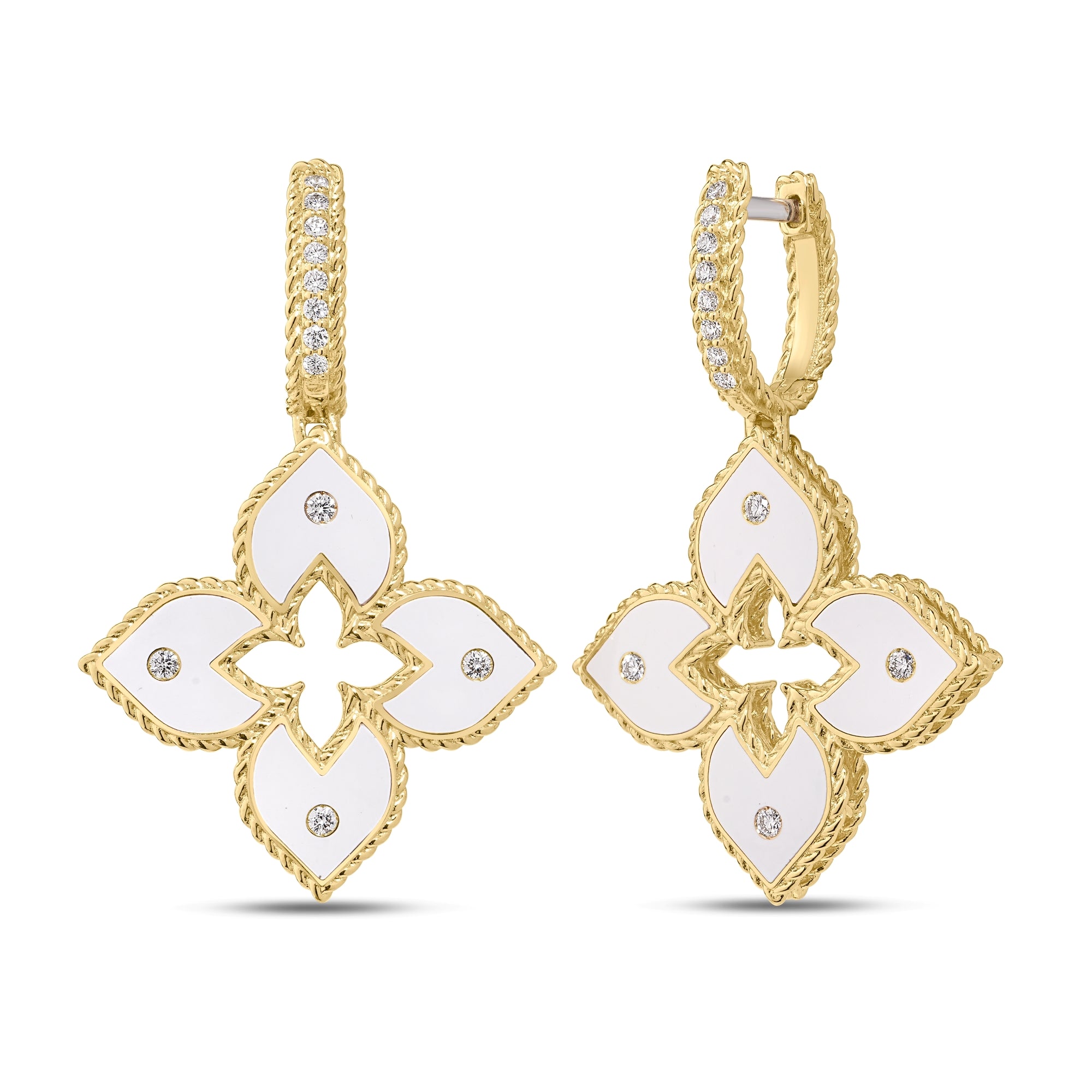 18K YELLOW GOLD VENETIAN PRINCESS PAVE DIAMOND AND WHITE ENAMEL FLOWER DROP EARRINGS
