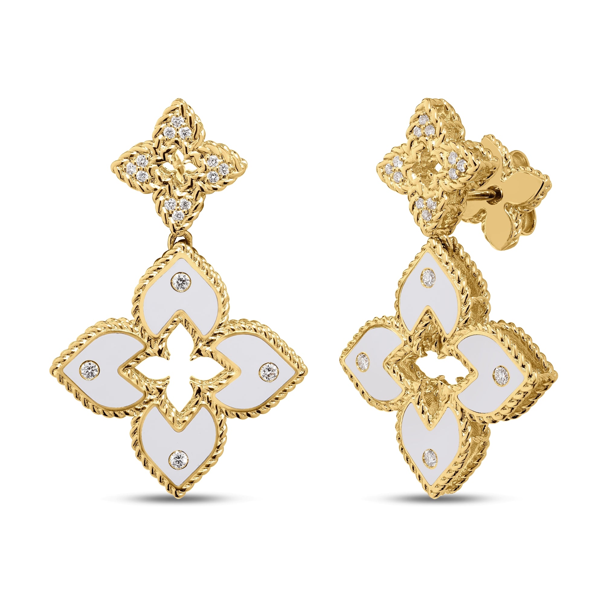 18K YELLOW GOLD VENETIAN PRINCESS PAVE DIAMOND AND WHITE ENAMEL FLOWER DROP EARRINGS