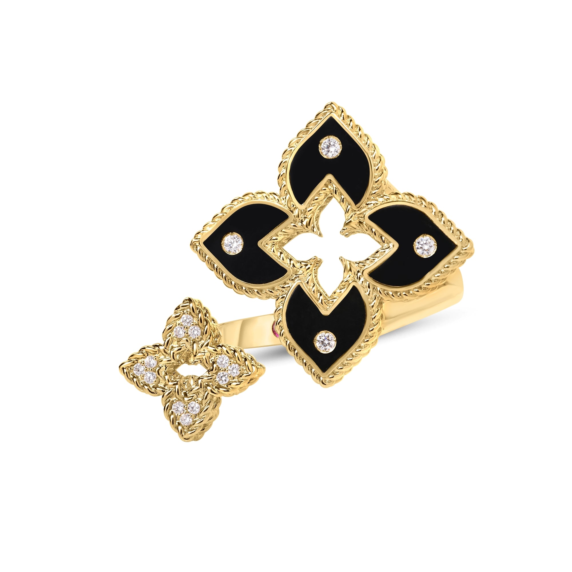 18K YELLOW GOLD VENETIAN PRINCESS DIAMOND AND BLACK ENAMEL DOUBLE FLOWER BYPASS RING