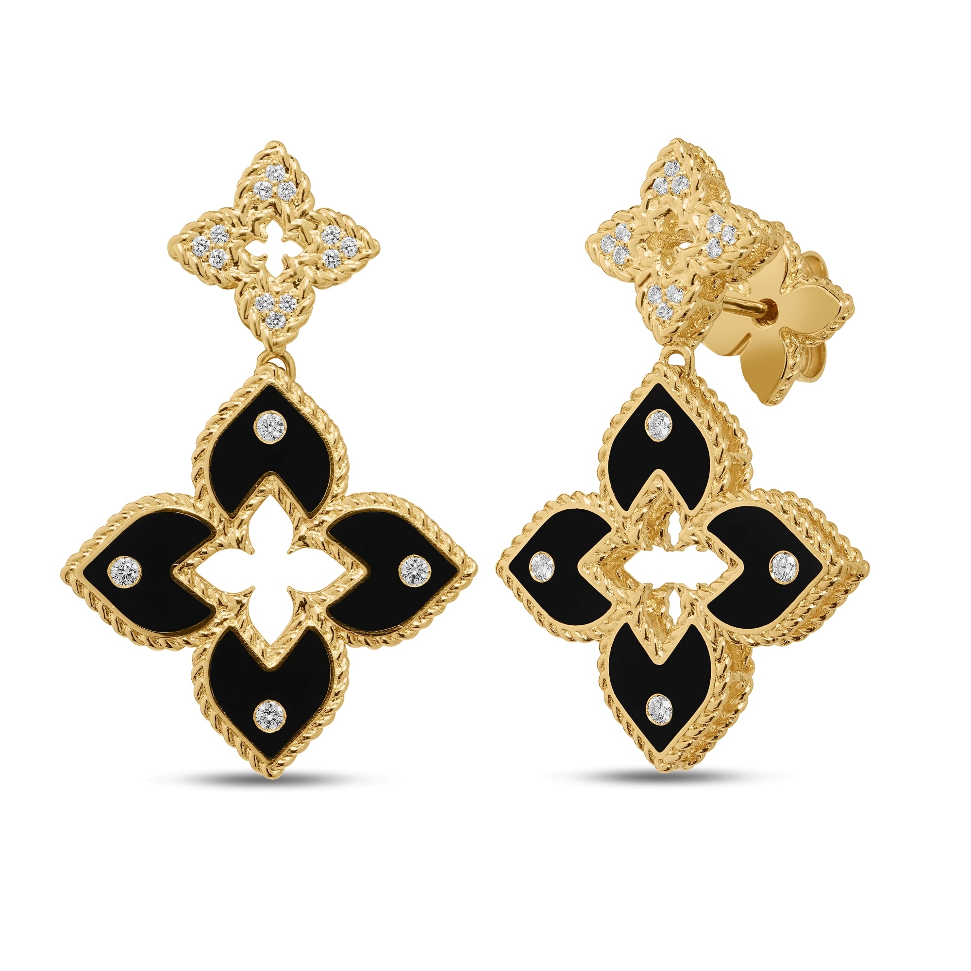 18K YELLOW GOLD VENETIAN PRINCESS PAVE DIAMOND AND BLACK ENAMEL FLOWER DANGLE EARRINGS