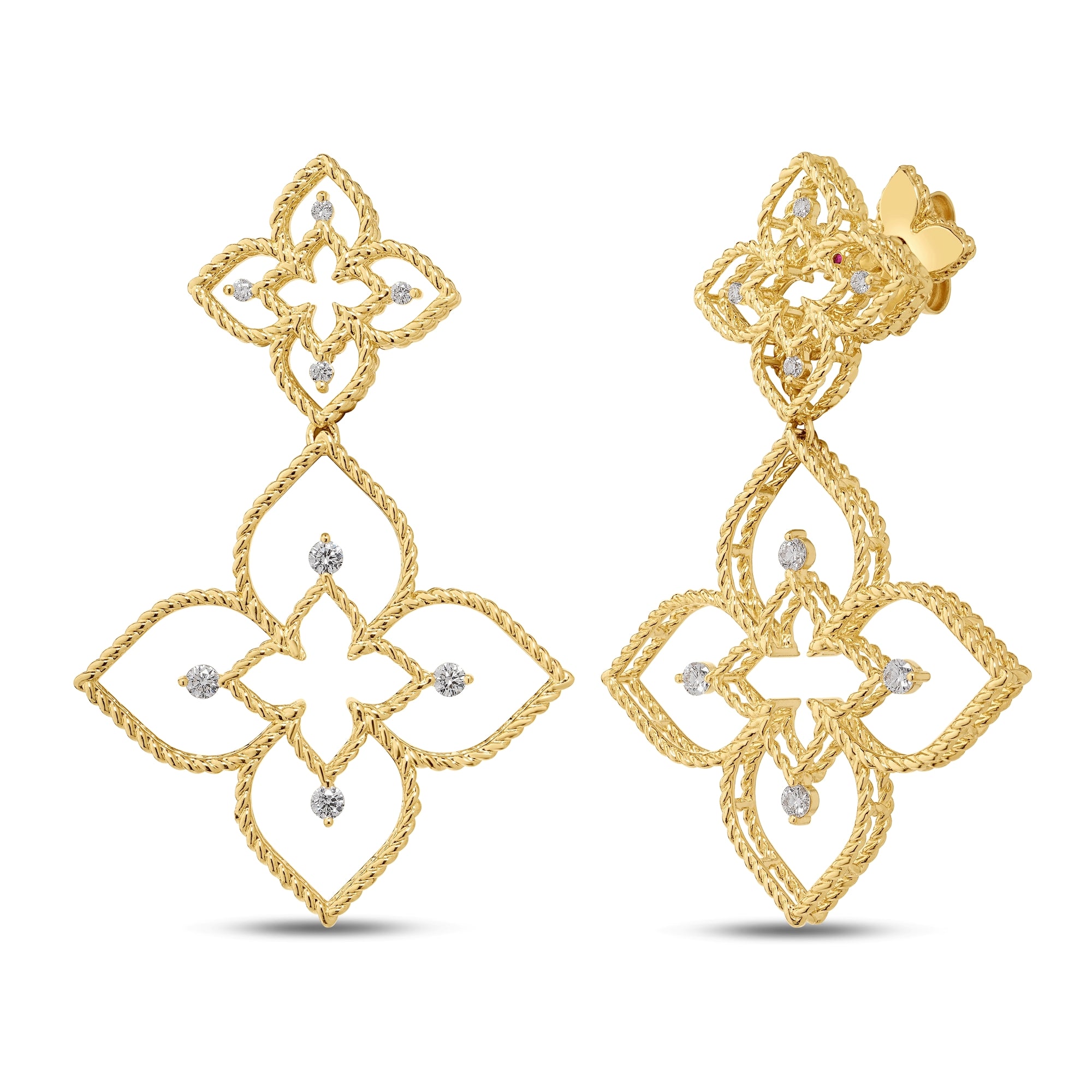 18K YELLOW/WHITE GOLD PRINCESS FLOWER LARGE OPEN FRAME DIAMOND DROP EARRINGS