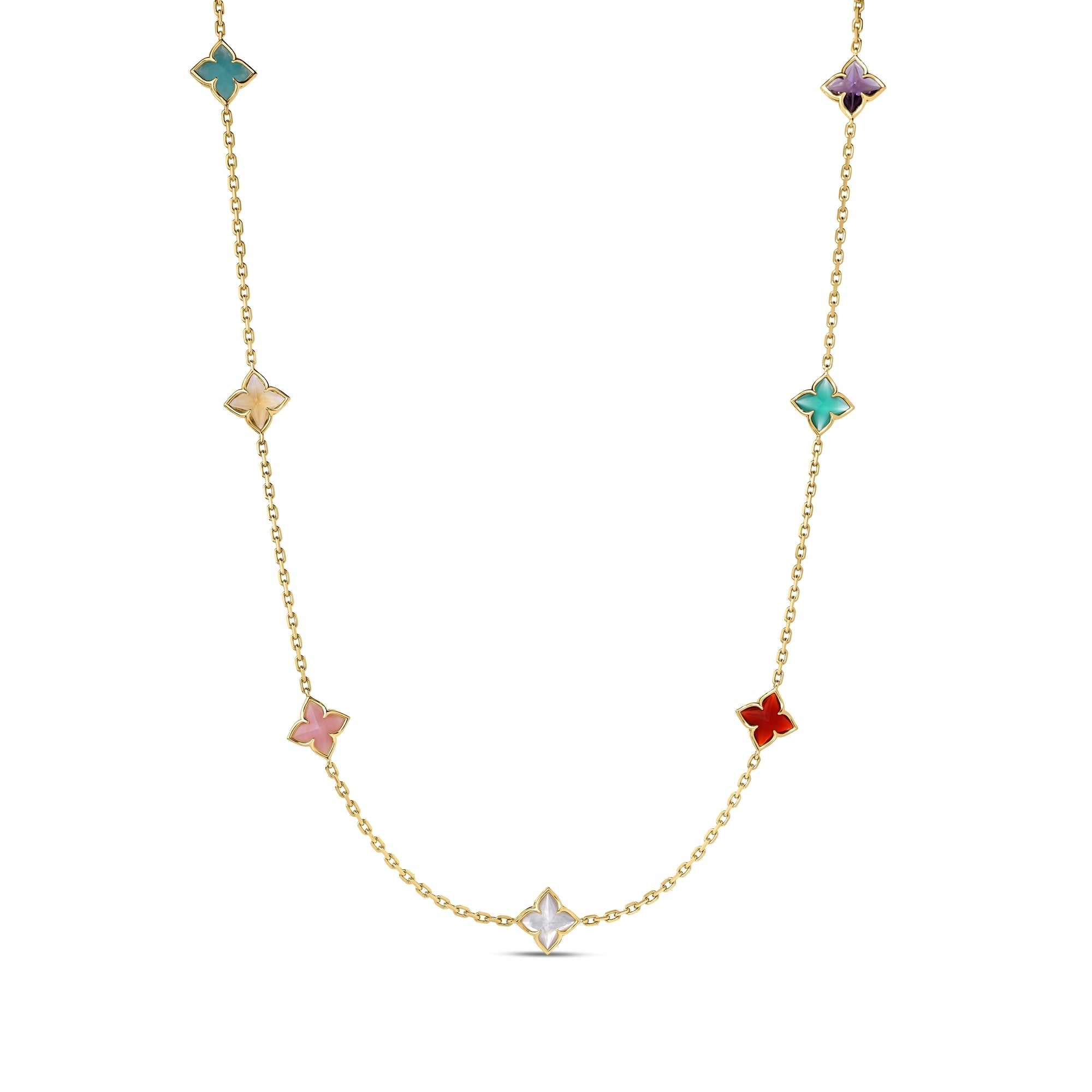 18K YELLOW GOLD VENETIAN PRINCESS CARNIVAL MIXED STONES (AMAZONITE, AMETHYST, CITRINE, GREEN AGATE, MOTHER OF PEARL, PINK OPAL, & RED AGATE)  FLOWER STATION NECKLACE