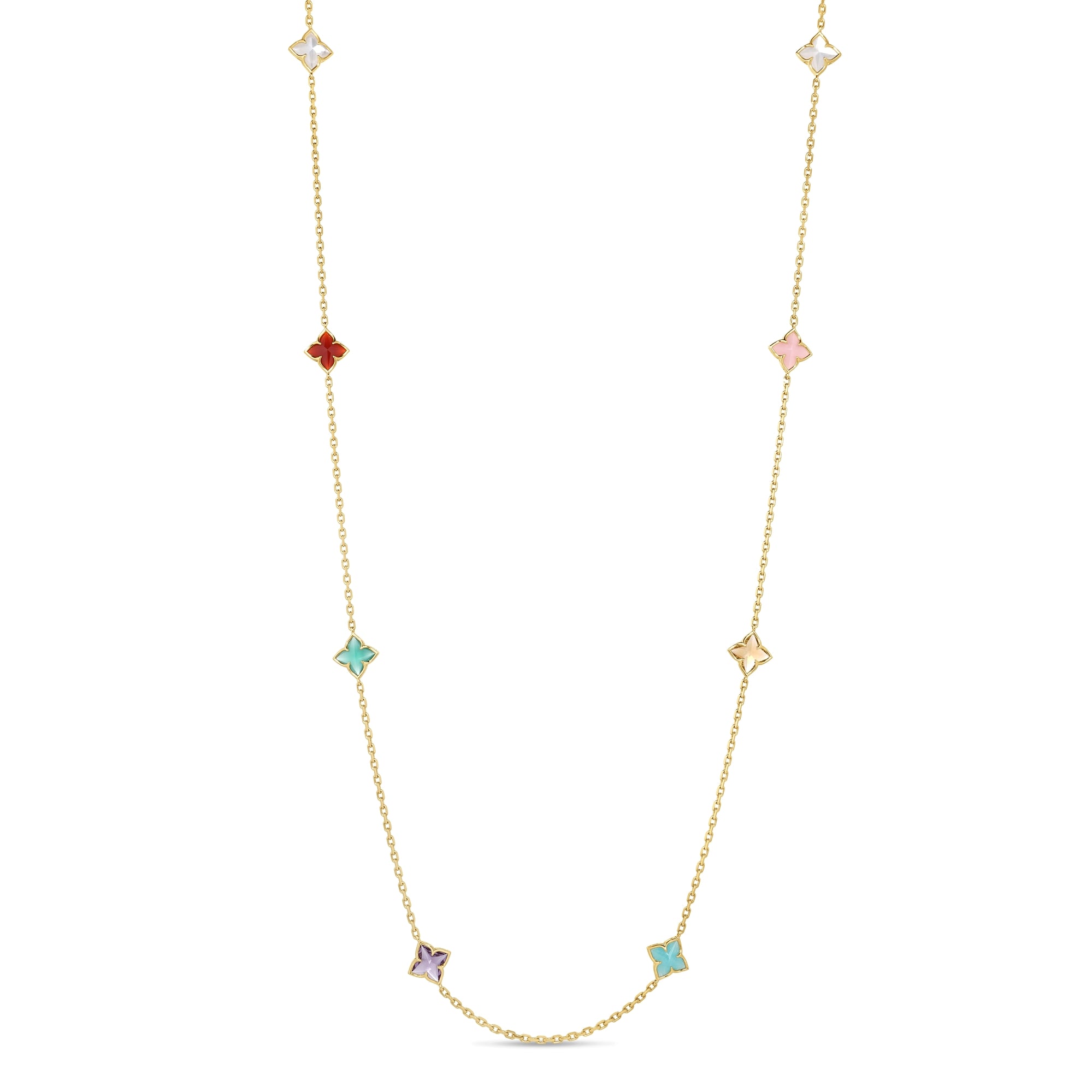 18K YELLOW GOLD VENETIAN PRINCESS CARNIVAL MIXED STONES (AMAZONITE, AMETHYST, CITRINE, GREEN AGATE, MOTHER OF PEARL, PINK OPAL, & RED AGATE) FLOWER STATION LONG NECKLACE
