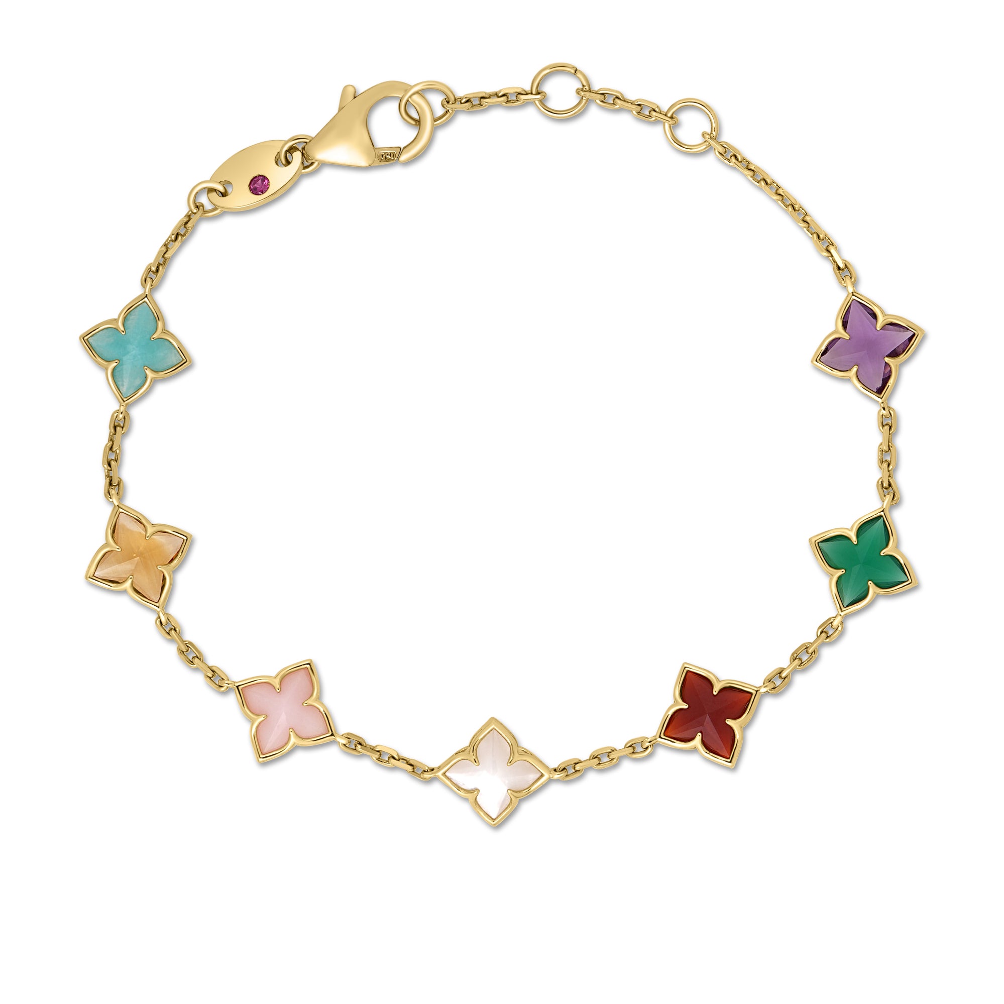 18K YELLOW GOLD VENETIAN PRINCESS CARNIVAL MIXED STONES (AMAZONITE, AMETHYST, CITRINE, GREEN AGATE, MOTHER OF PEARL, PINK OPAL, & RED AGATE) FLOWER STATION BRACELET
