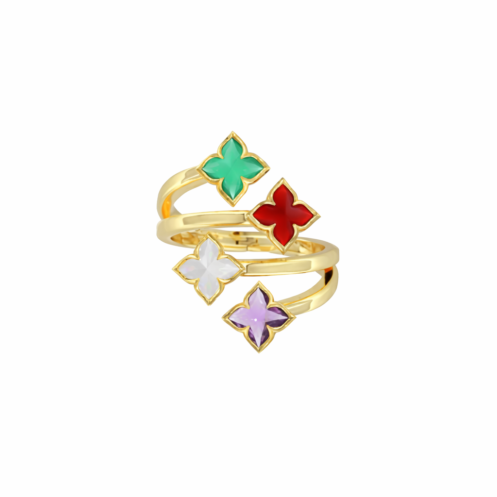 18K YELLOW GOLD VENETIAN PRINCESS CARNIVAL MIXED STONES (AMETHYST, GREEN AGATE, MOTHER OF PEARL, & RED AGATE) 4 ROW FLOWER RING