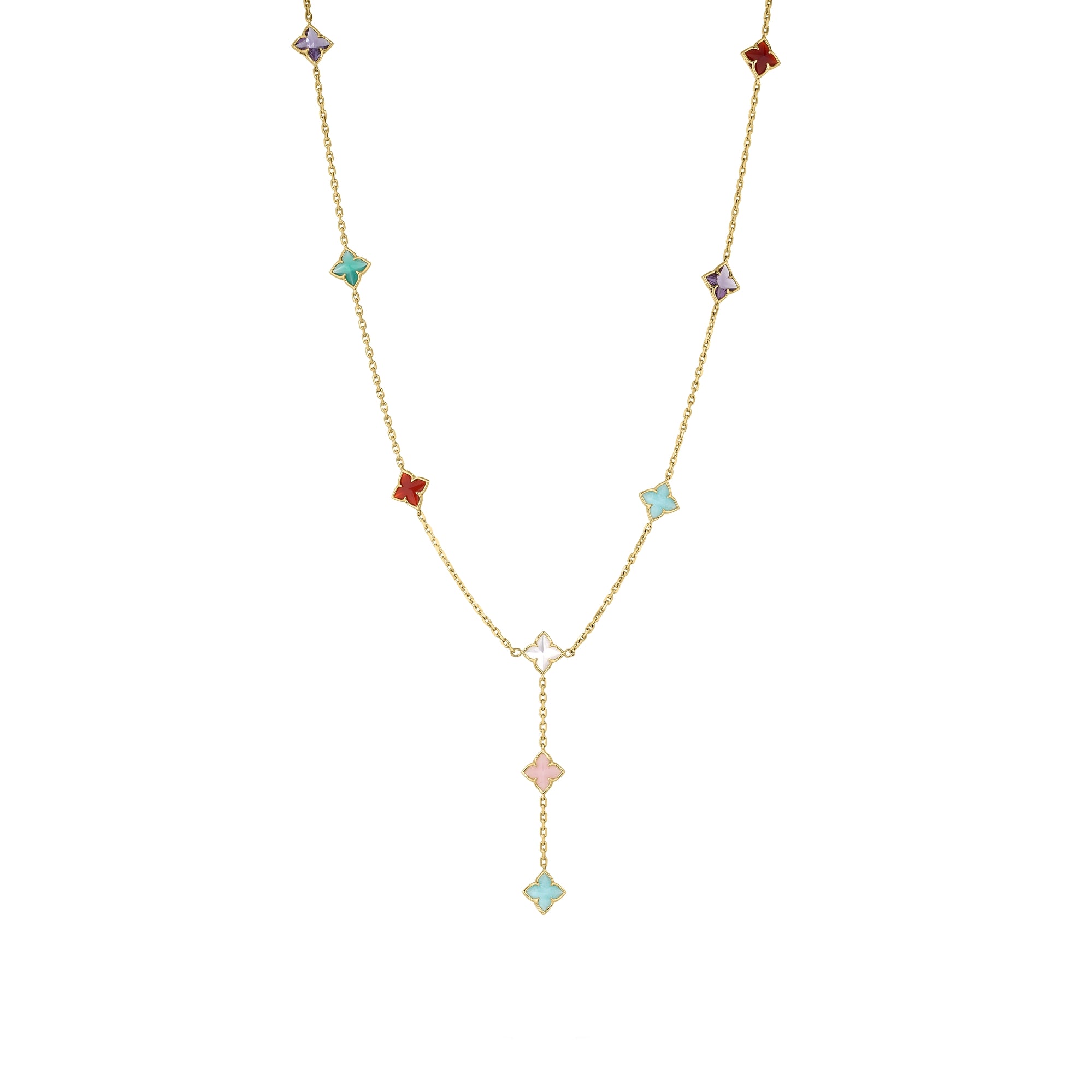 18K YELLOW GOLD VENETIAN PRINCESS MIXED STONES (AMAZONITE, AMETHYST, CITRINE, GREEN AGATE, MOTHER OF PEARL, PINK OPAL, & RED AGATE) FLOWER STATION LARIAT NECKLACE