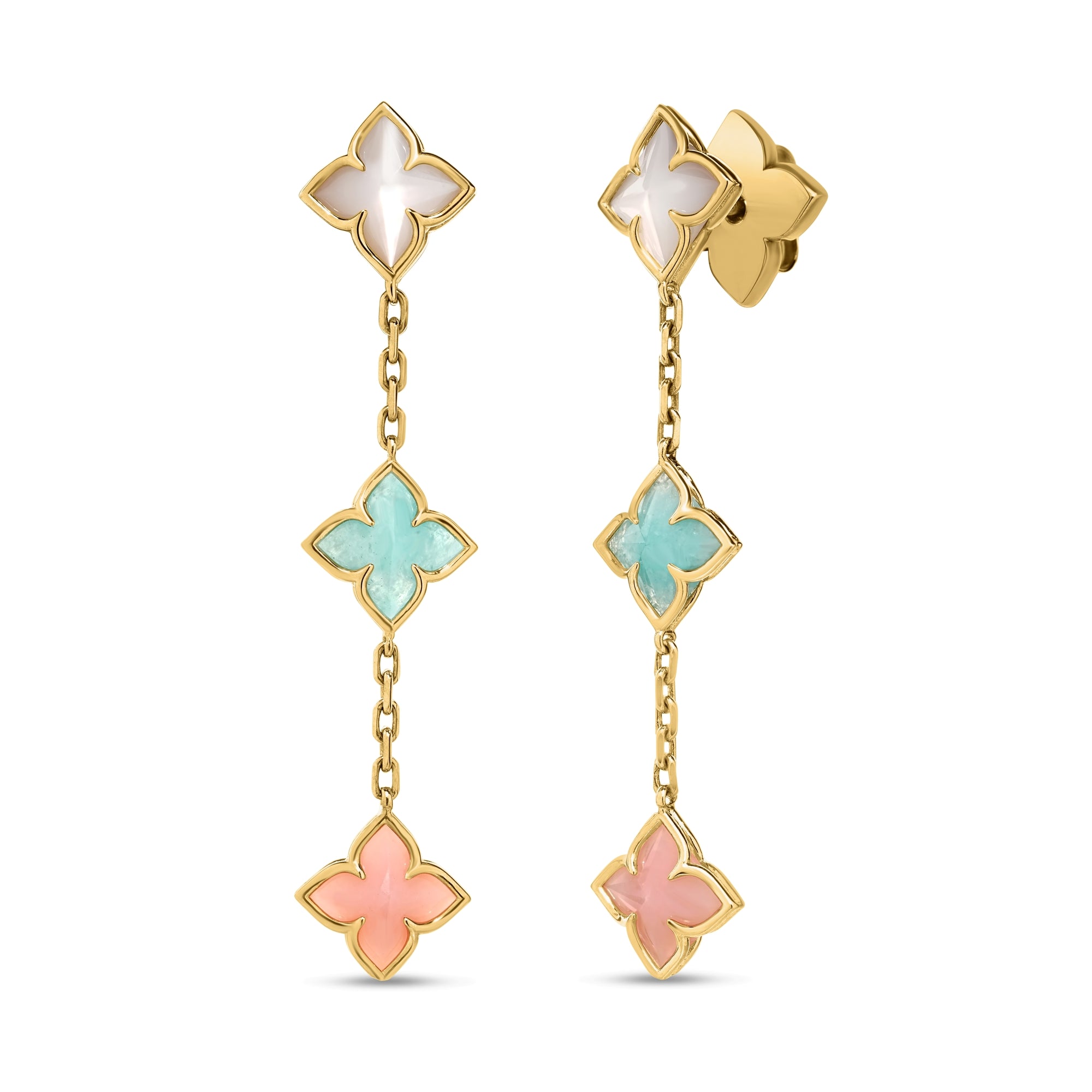 18K YELLOW GOLD VENETIAN PRINCESS MIXED STONES (AMAZONITE, MOTHER OF PEARL, & PINK OPAL) FLOWER DANGLE EARRINGS