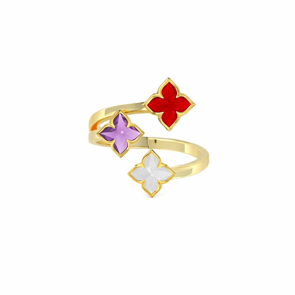 18K YELLOW GOLD VENETIAN PRINCESS CARNIVAL MIXED STONES (AMETHYST, MOTHER OF PEARL, & RED AGATE) 3 ROW FLOWER RING