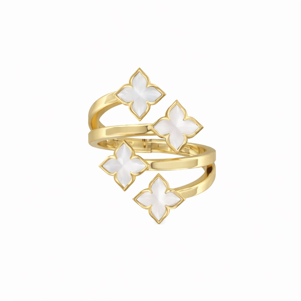 18K YELLOW GOLD VENETIAN PRINCESS CARNIVAL MOTHER OF PEARL 4 ROW FLOWER RING