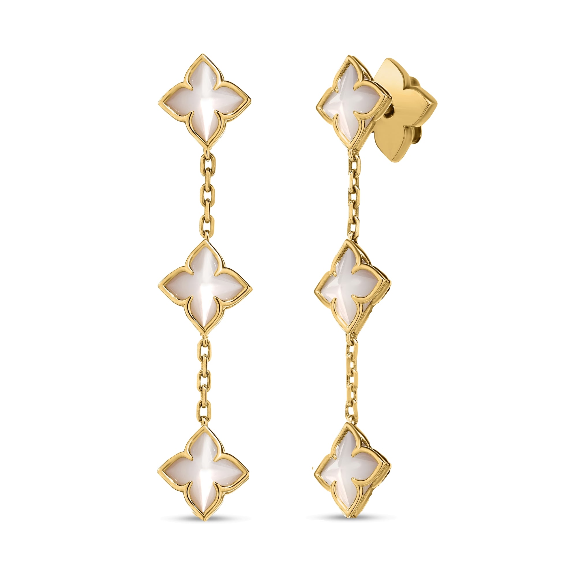 18K YELLOW GOLD VENETIAN PRINCESS CARNIVAL MOTHER OF PEARL FLOWER DANGLE EARRINGS