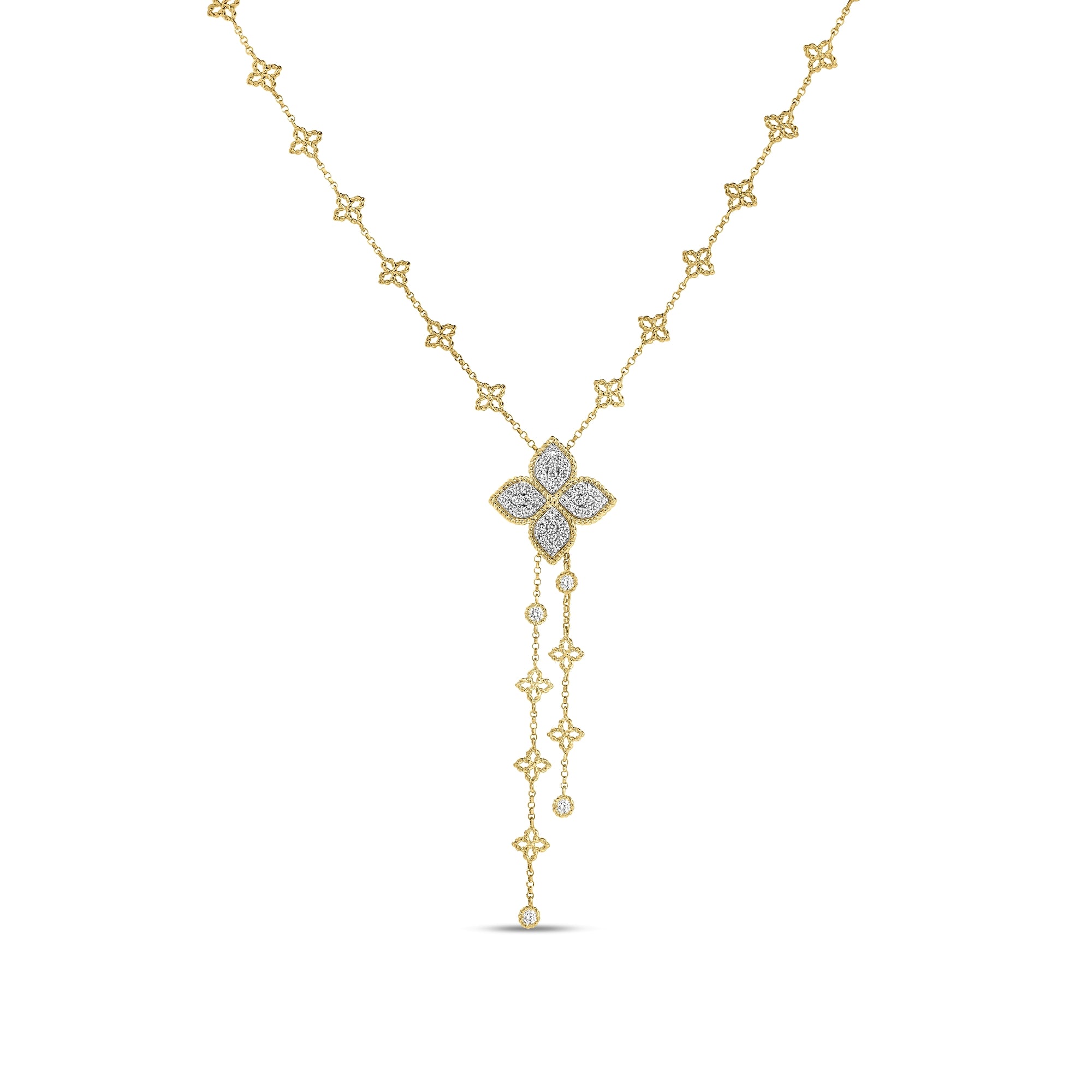 18K YELLOW GOLD  PRINCESS FLOWER DIAMOND LARIAT NECKLACE