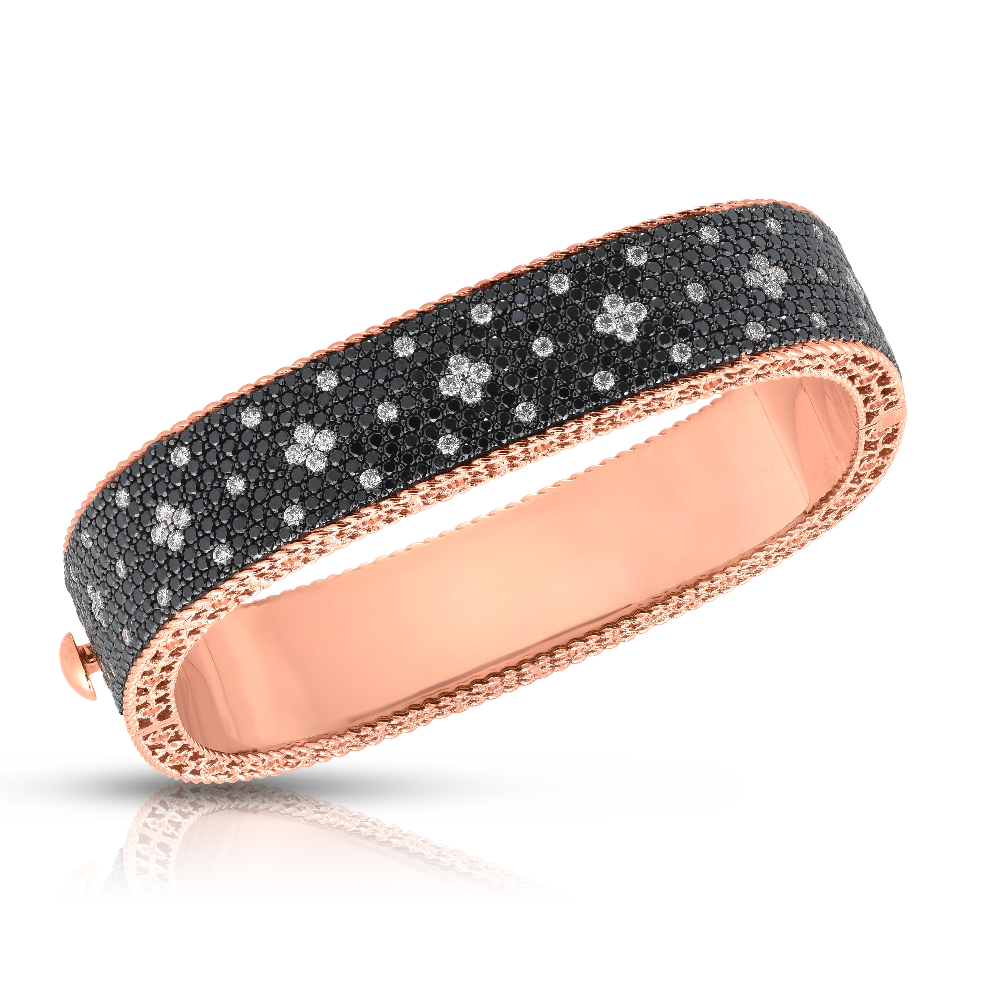 18K ROSE GOLD VENETIAN PRINCESS PAVE BLACK & WHITE DIAMOND WIDE BANGLE