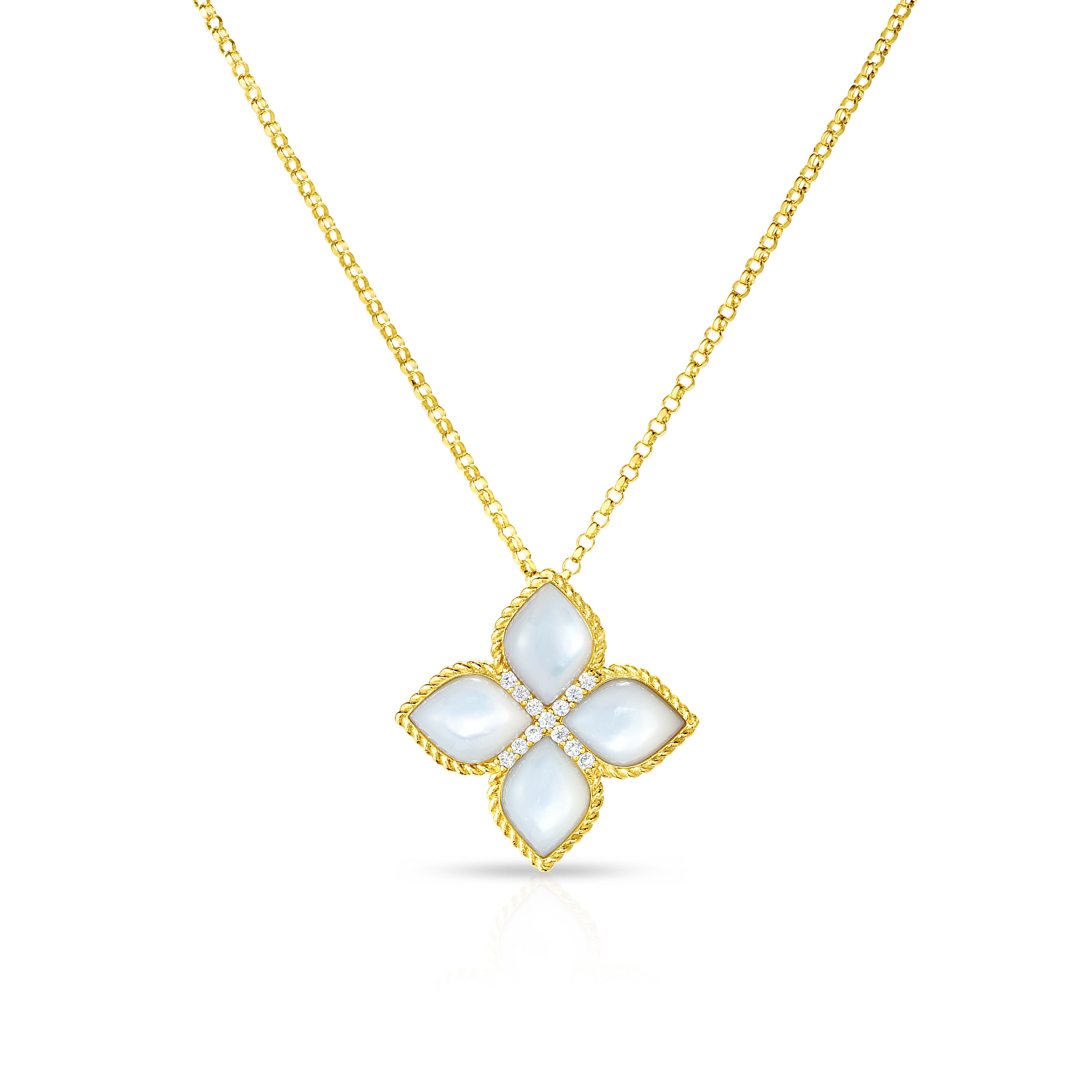 18K YELLOW GOLD VENETIAN PRINCESS LARGE DIAMOND & MOTHER OF PEARL FLOWER NECKLACE