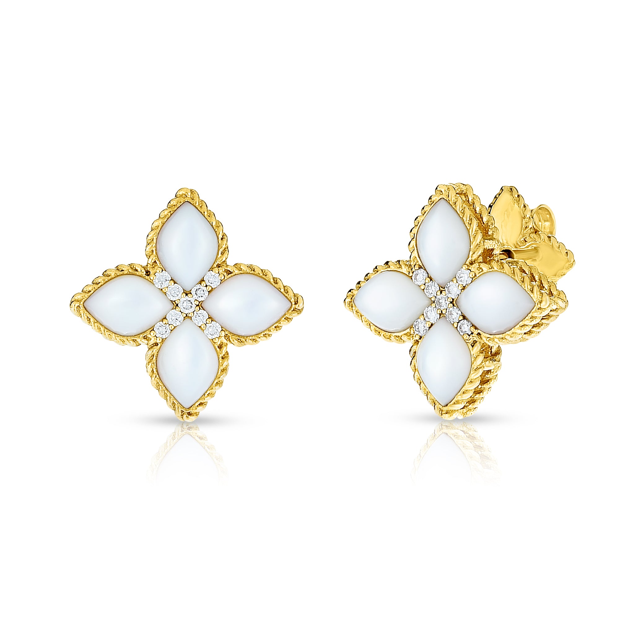 18K YELLOW GOLD VENETIAN PRINCESS MEDIUM DIAMOND & MOTHER OF PEARL FLOWER STUD EARRINGS