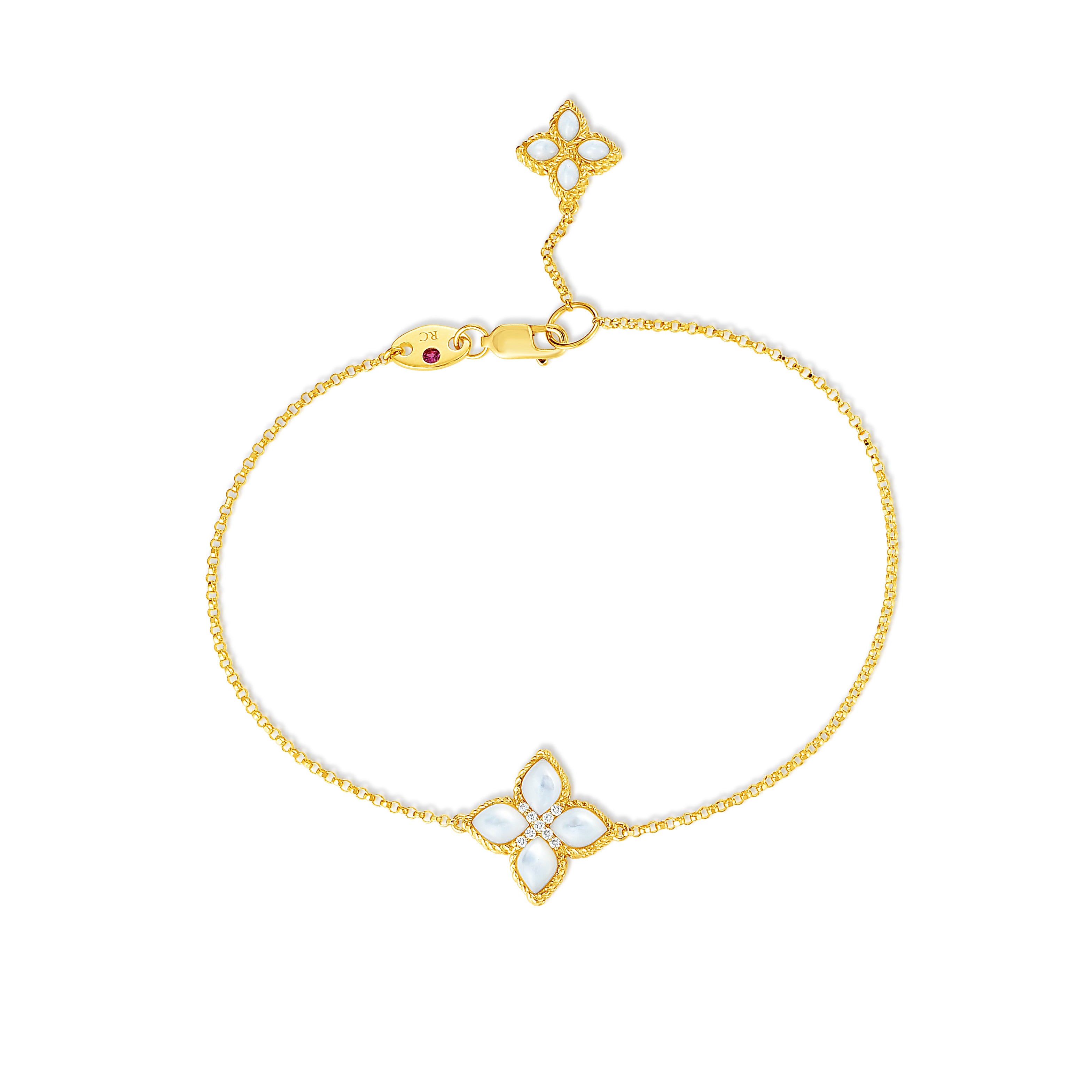 18K YELLOW GOLD VENETIAN PRINCESS LARGE DIAMOND & MOTHER OF PEARL FLOWER BRACELET