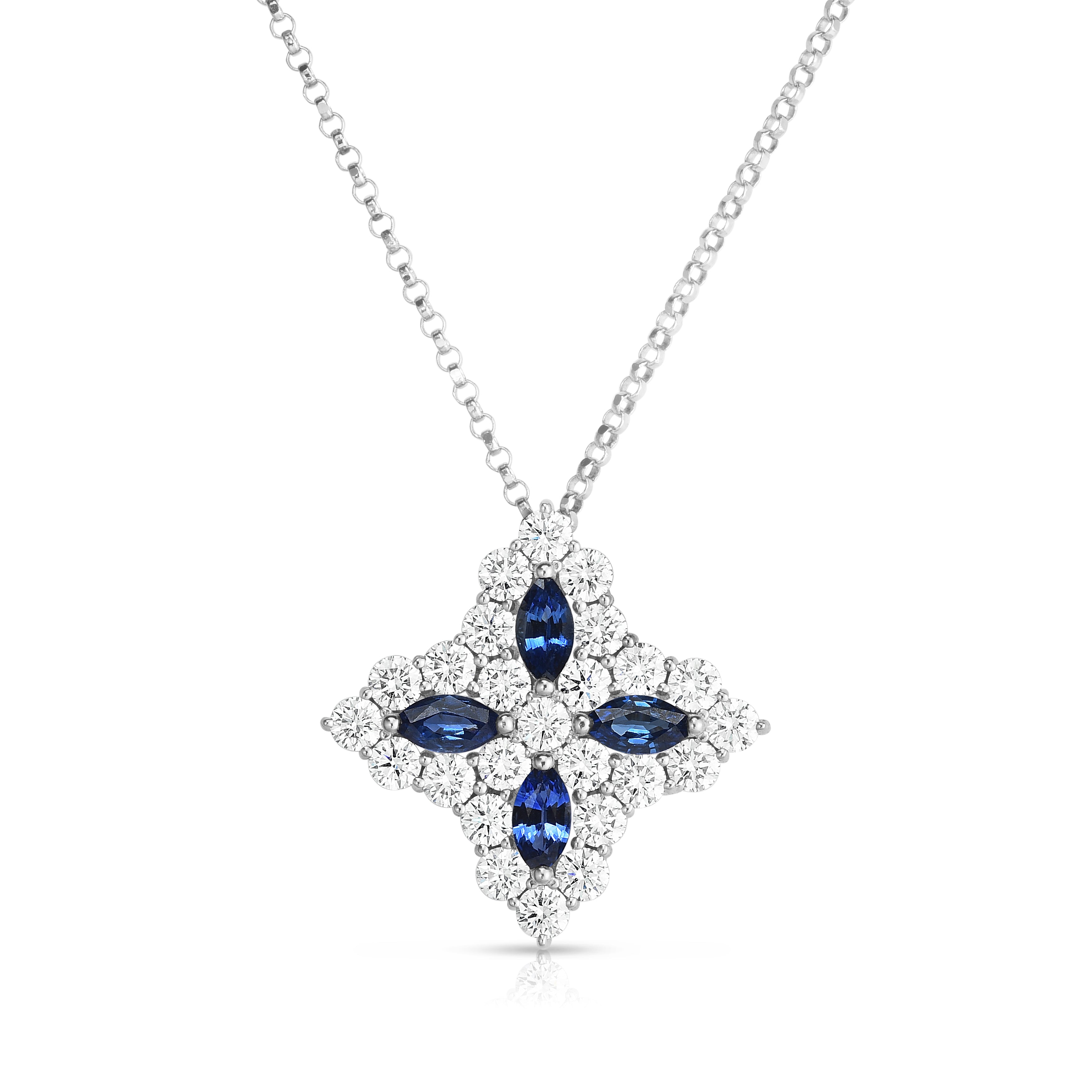 18K WHITE GOLD DIAMOND PRINCESS LARGE DIAMOND & BLUE SAPPHIRE NECKLACE