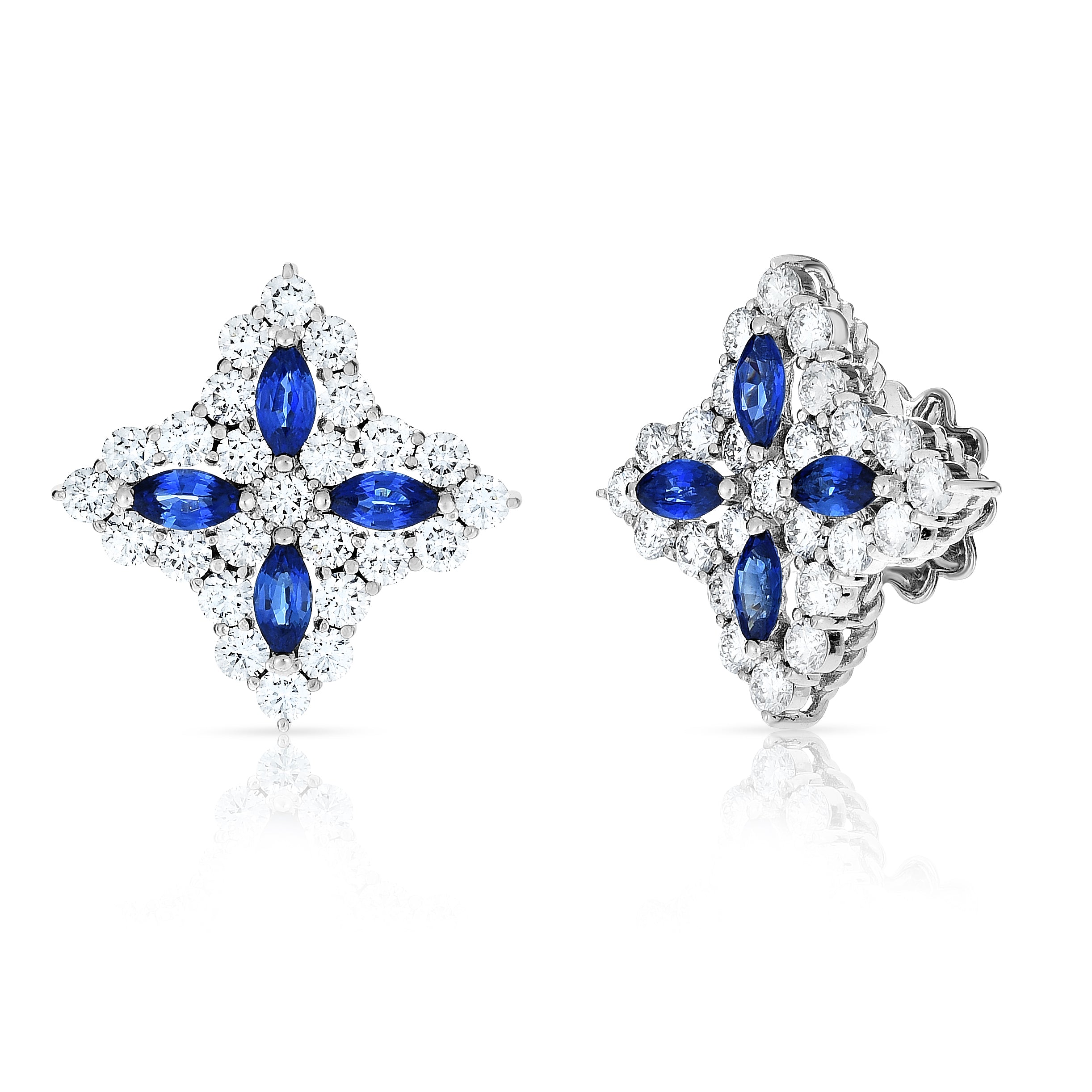 18K WHITE GOLD DIAMOND PRINCESS LARGE DIAMOND & BLUE SAPPHIRE STUD EARRINGS