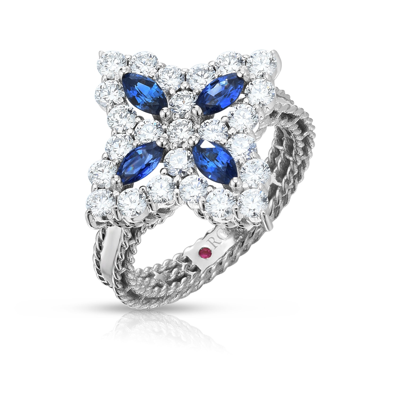 18K WHITE GOLD DIAMOND PRINCESS LARGE DIAMOND & BLUE SAPPHIRE RING