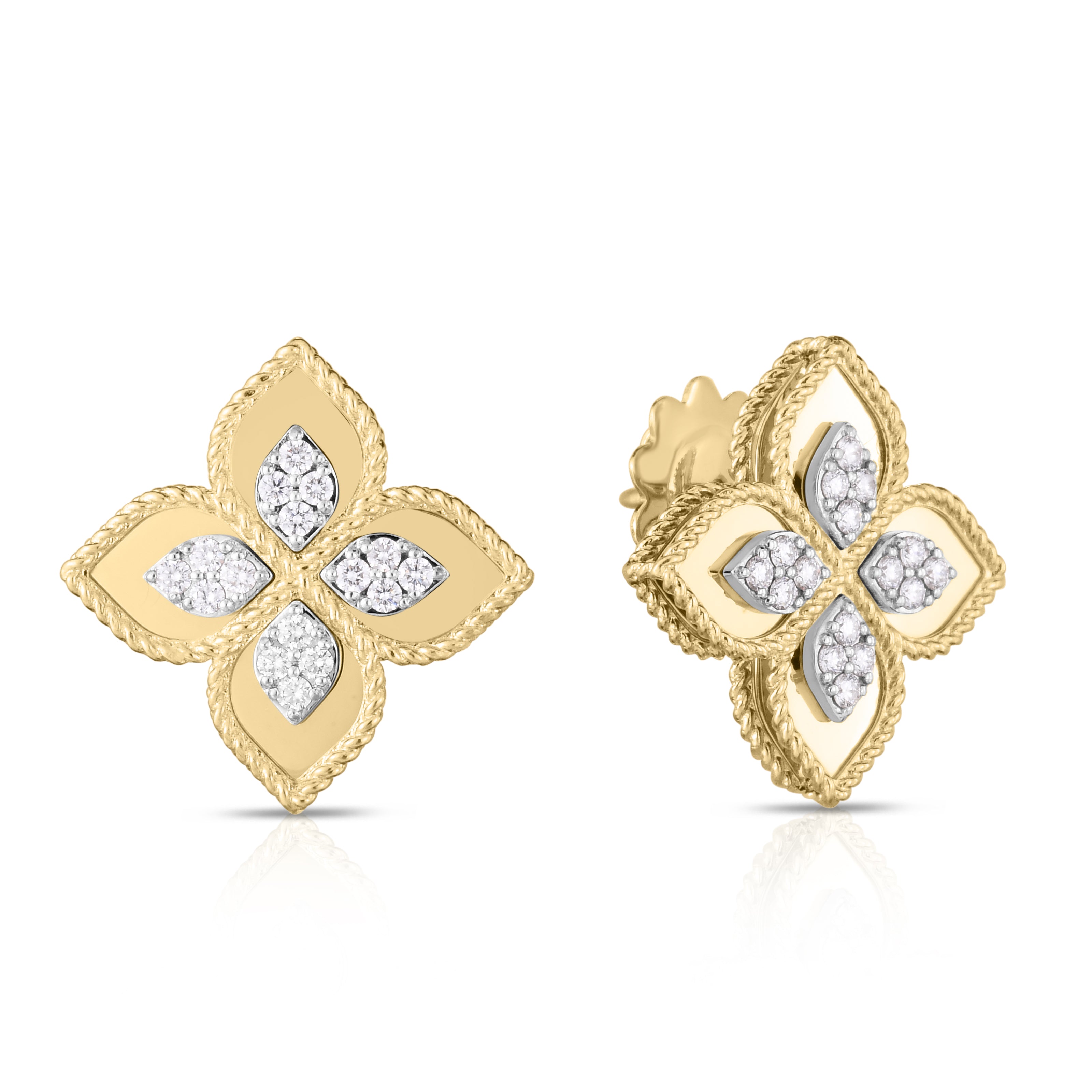 18K YELLOW/WHITE GOLD VENETIAN PRINCESS DIAMOND MEDIUM FLOWER STUD EARRINGS