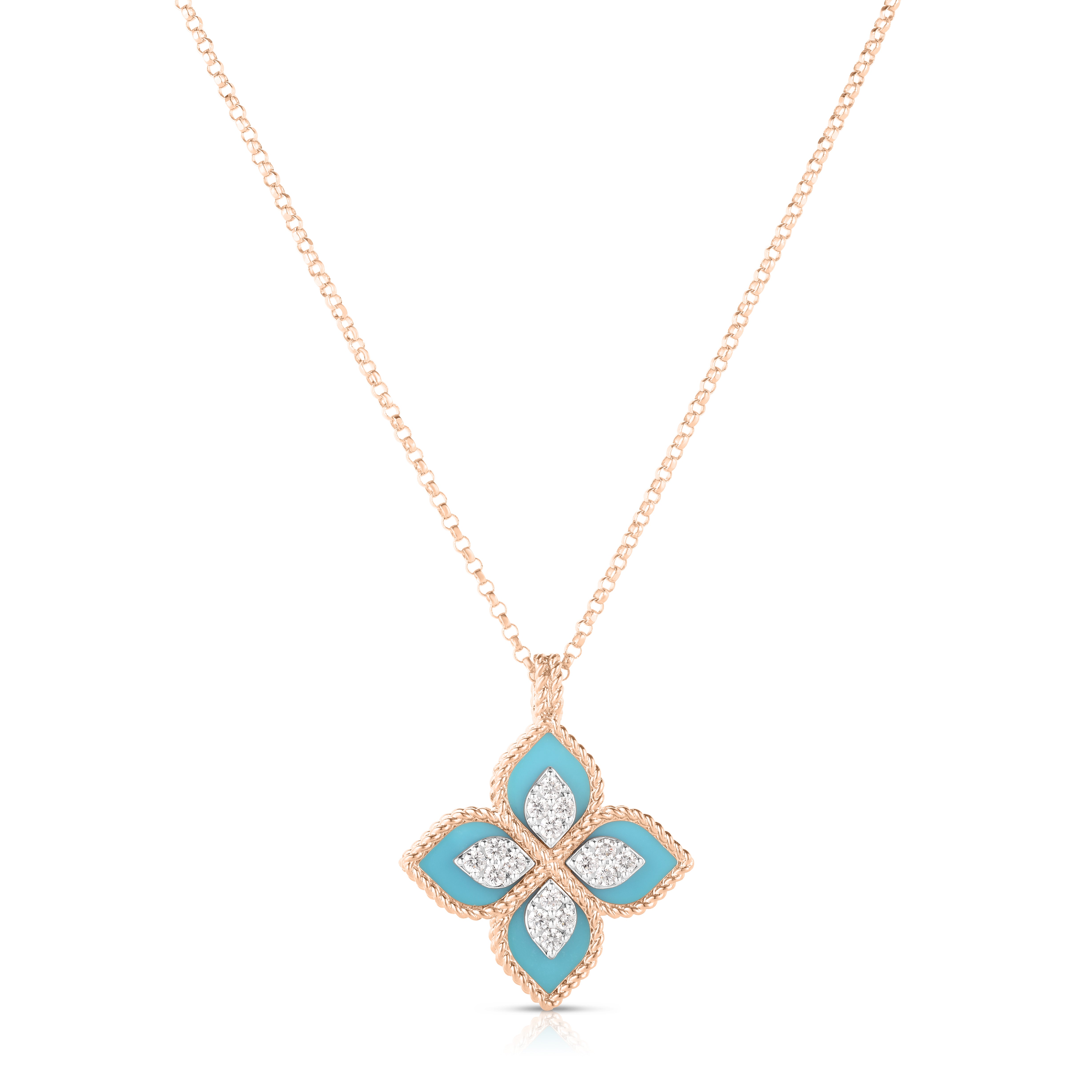 18K ROSE/WHITE GOLD VENETIAN PRINCESS DIAMOND & TURQUOISE FLOWER NECKLACE