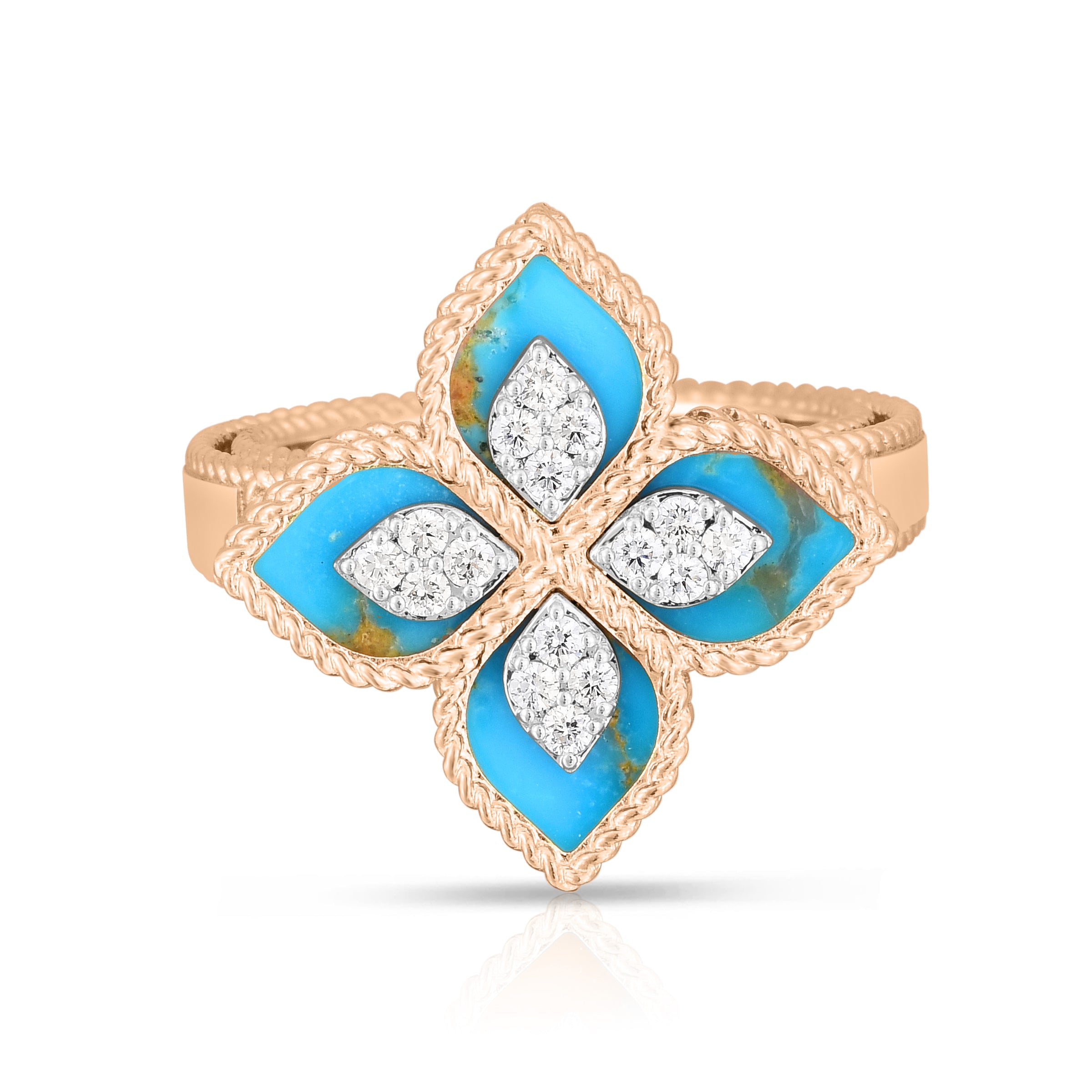 18K ROSE/WHITE GOLD VENETIAN PRINCESS DIAMOND & TURQUOISE FLOWER RING