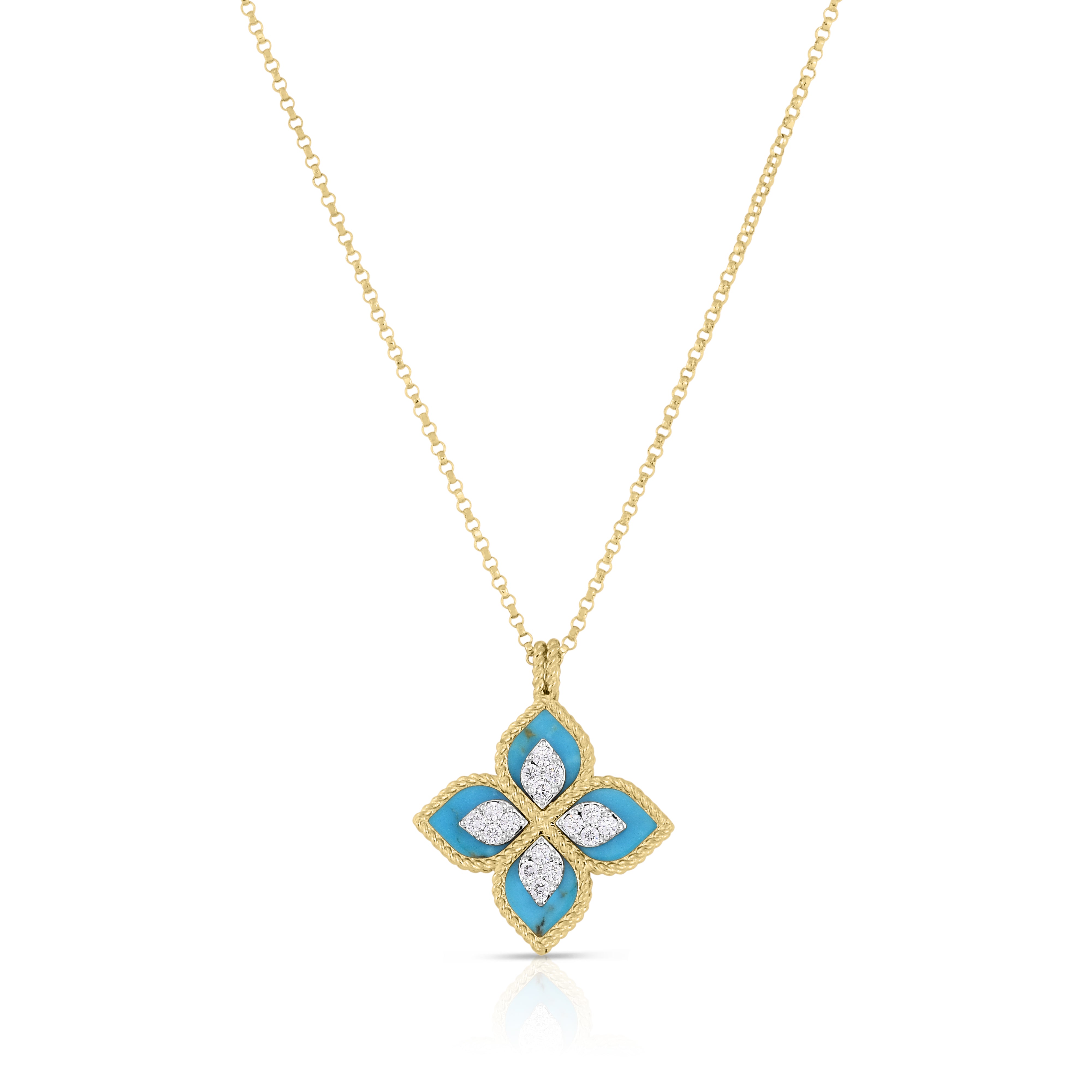 18K YELLOW/WHITE GOLD VENETIAN PRINCESS DIAMOND & TURQUOISE FLOWER NECKLACE