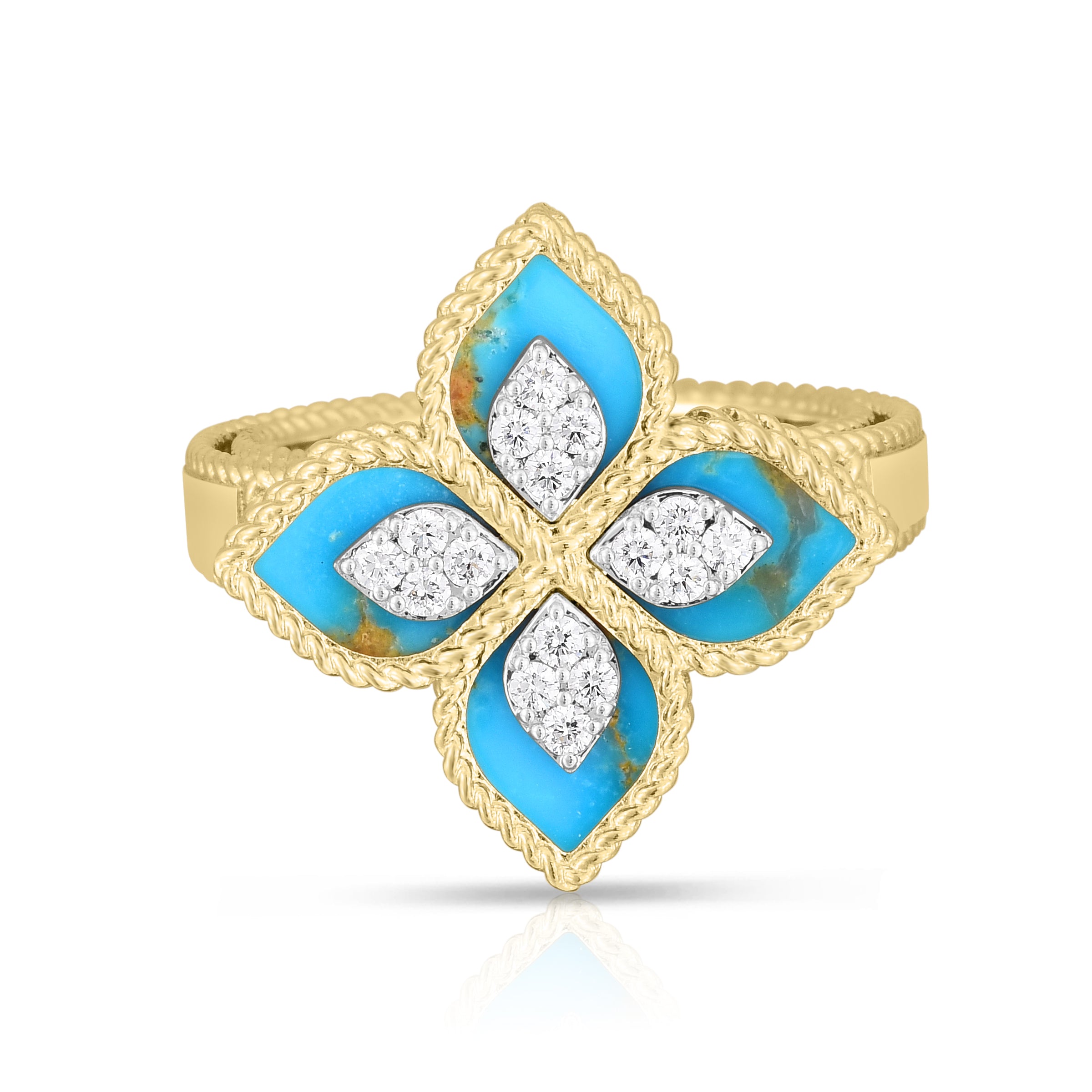 18K YELLOW/WHITE GOLD VENETIAN PRINCESS DIAMOND & TURQUOISE FLOWER RING