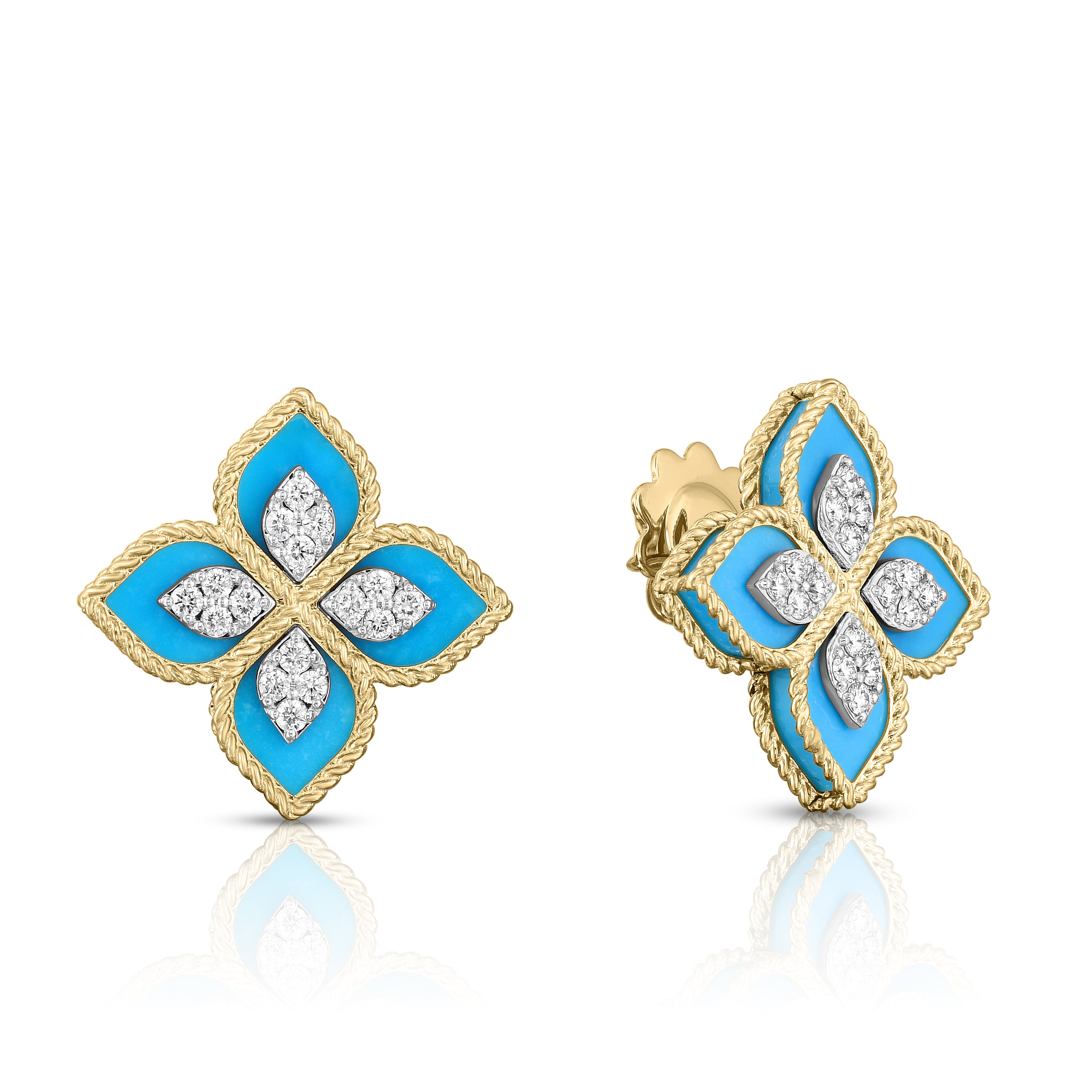 18K YELLOW/WHITE GOLD VENETIAN PRINCESS DIAMOND & TURQUOISE FLOWER STUD EARRINGS